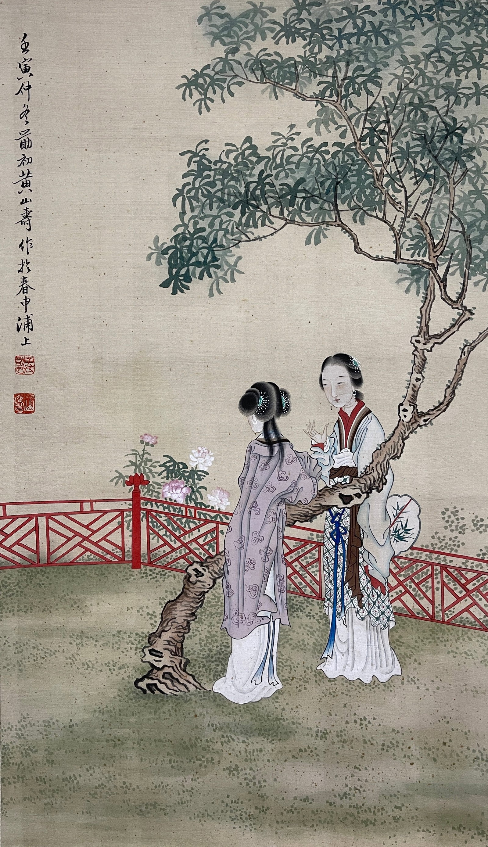 A VERTICAL SCROLL TWIN BEAUTIES PAINTING ON SILK BY HUANG SHANSHOU.黃山壽 (1 of 12)