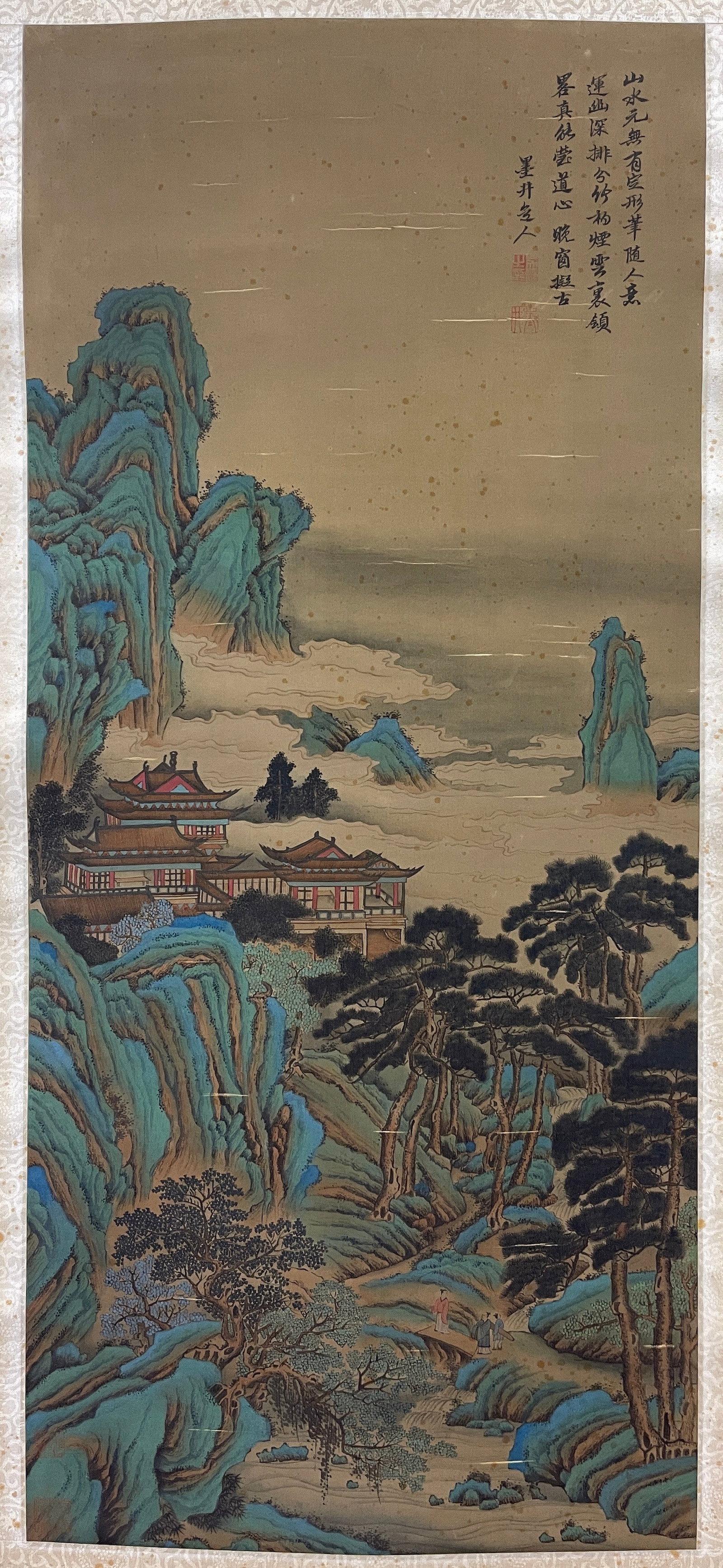 A VERTICAL SCROLL GREEN-AND-BLUE LANDSCAPE WITH PAVILIONS PAINTING ON SILK BY WU LI.吳曆 (1 of 11)