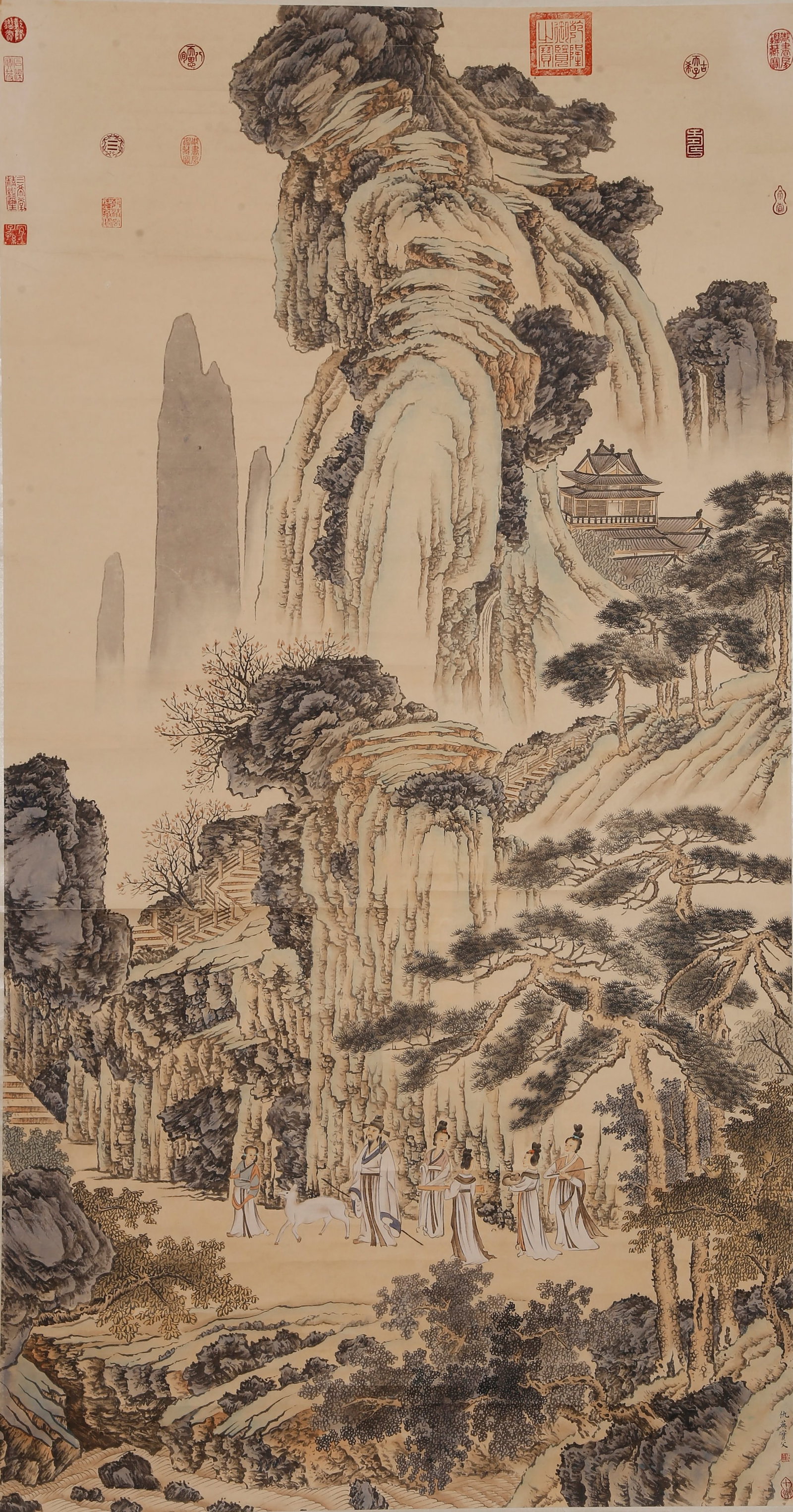 A LANDSCAPE AND FIGURE PAINTING ON PAPER BY QIU YING.仇英: Landscape and Figure Painting on Paper by Qiu Ying.仇英