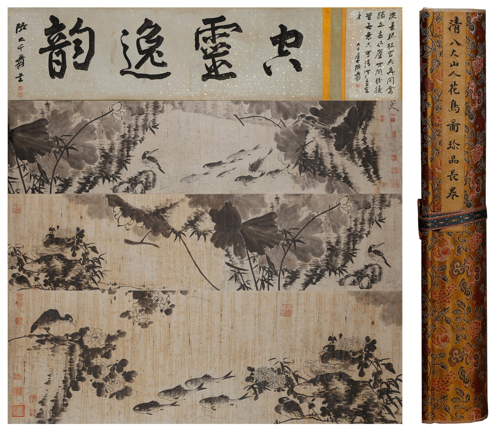 A HAND SCROLL FLOWER-AND-BIRD PAINTING ON PAPER BY BADA SHANREN.八大山人: Hand Scroll Flower-and-Bird Painting on Paper by Bada Shanren.八大山人