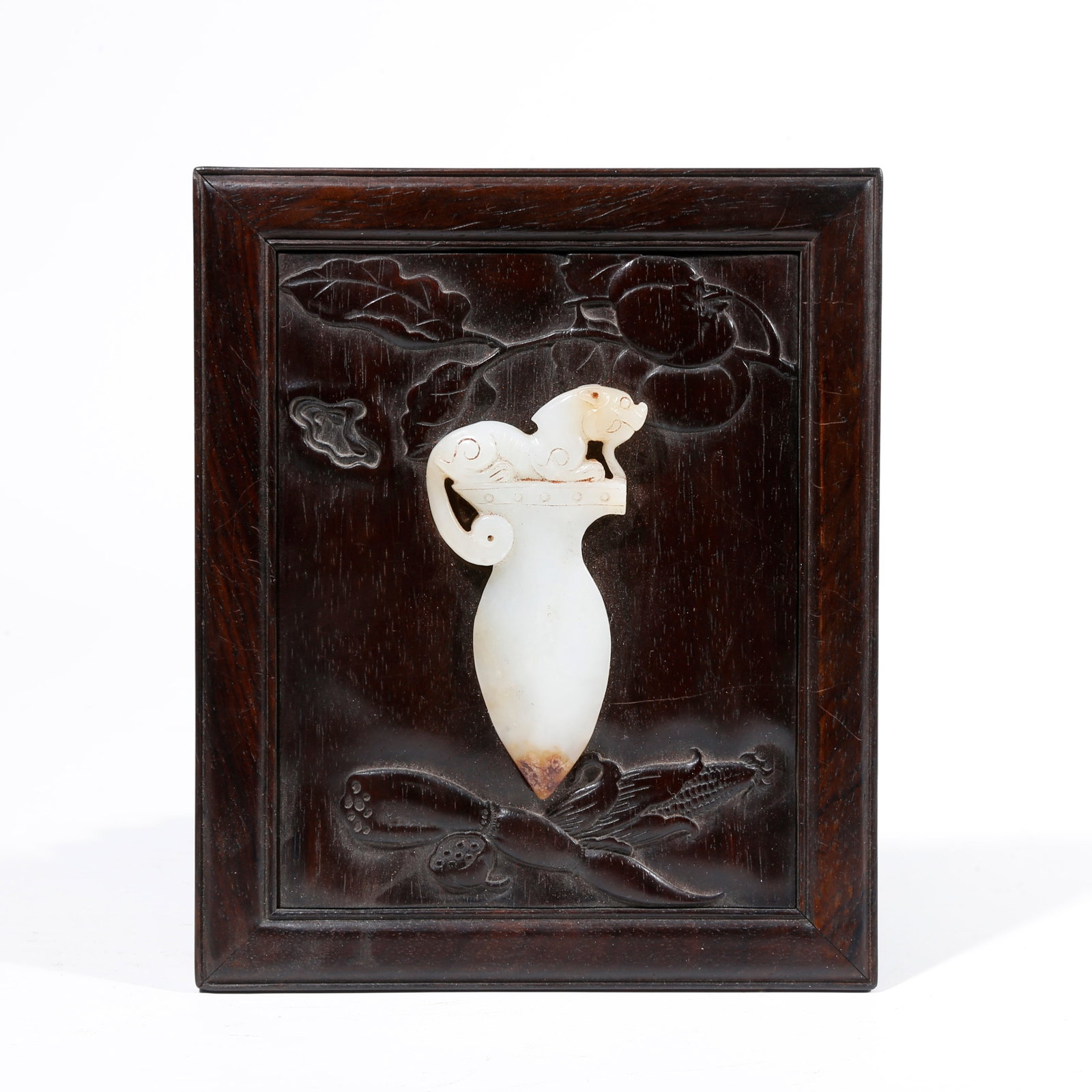 A RED SANDALWOOD CARVED INLAID HETIAN JADE PANEL (1 of 10)