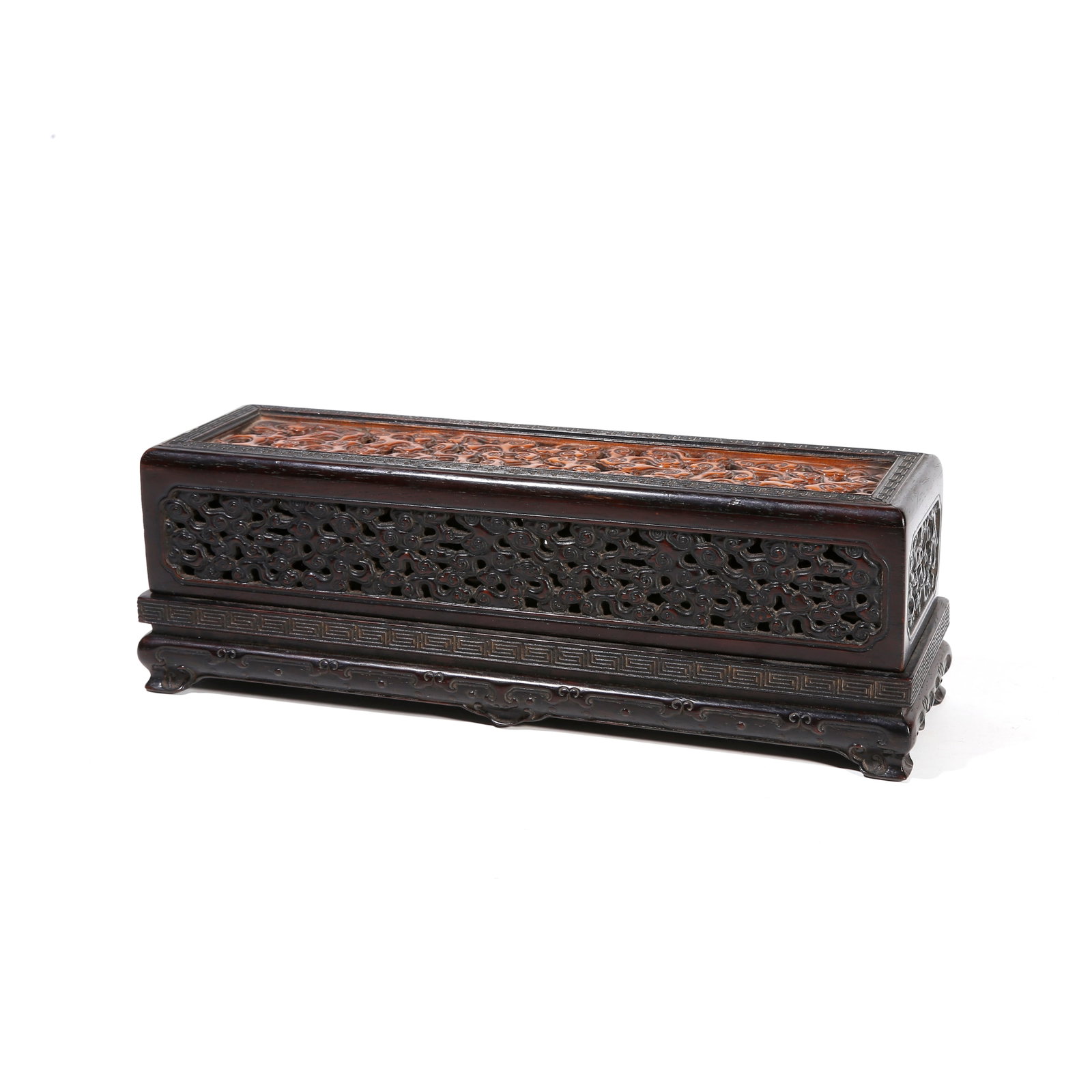 A RED SANDALWOOD COVERED BOX INLAID WITH BOXWOOD CARVINGS: Red Sandalwood Covered Box Inlaid with Boxwood Carvings