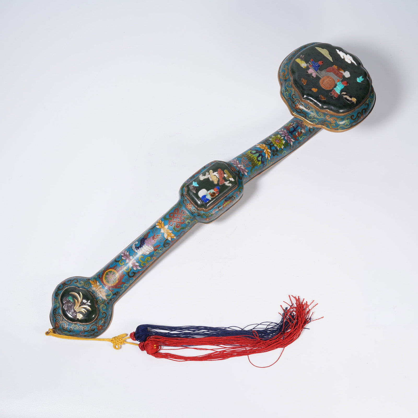 A CLOISONNE RUYI WITH FIGURE STORY PATTERNS AND PRECIOUS STONE INLAY (1 of 8)