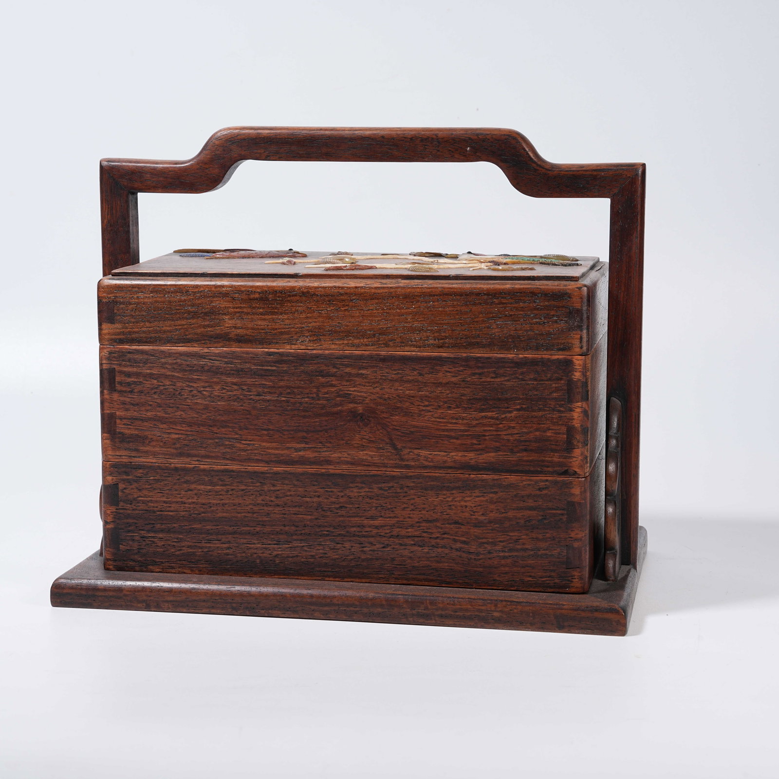 A HUANGHUALI LIDDED BOX WITH HANDLE, FLOWER AND BIRD PATTERNS AND PRECIOUS STONE INLAY (1 of 9)