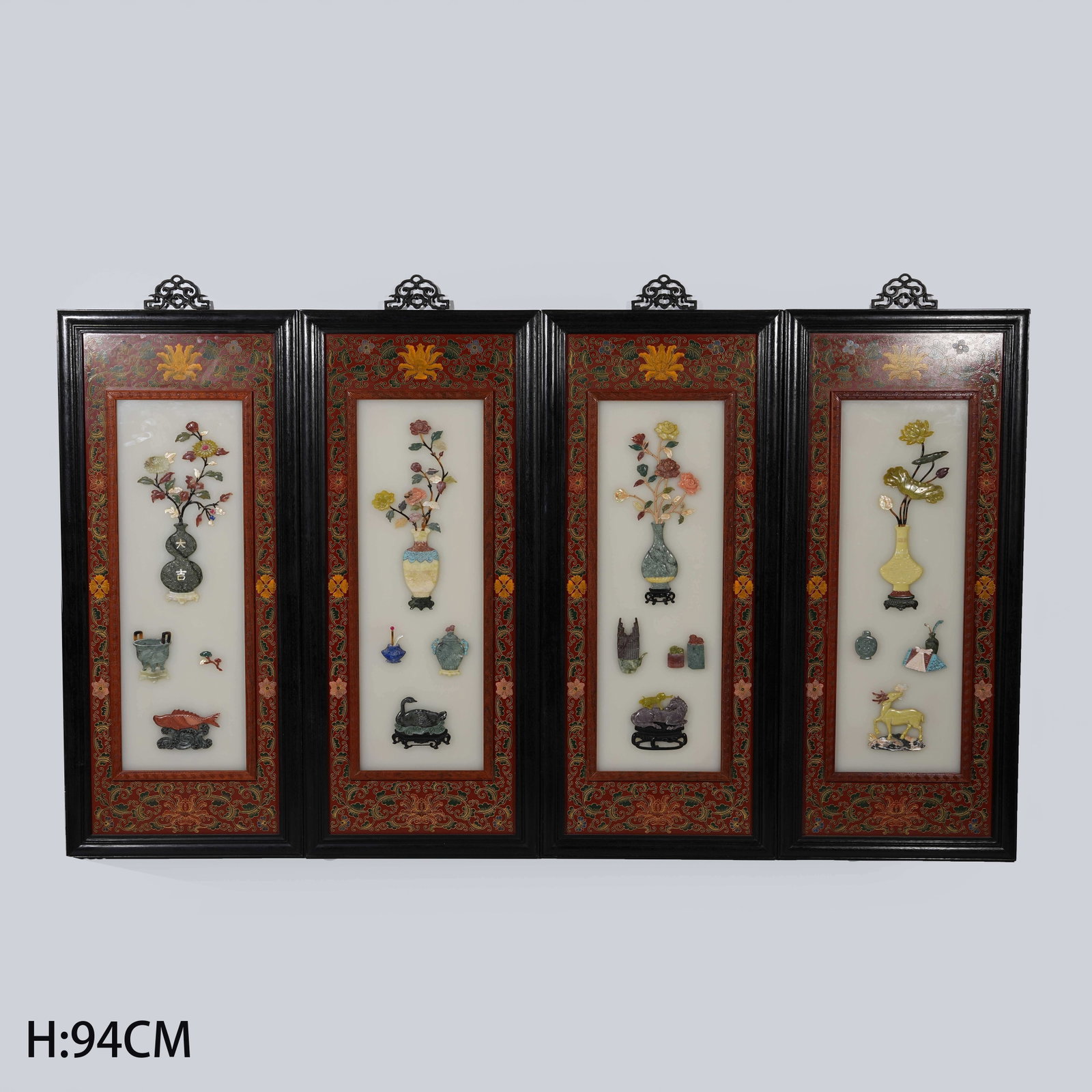 A SET OF FOUR RED SANDALWOOD HANGING SCREENS WITH FLORAL PATTERNS AND PRECIOUS STONE INLAY: Set of Four Red Sandalwood Hanging Screens with Floral Patterns and Precious Stone Inlay
