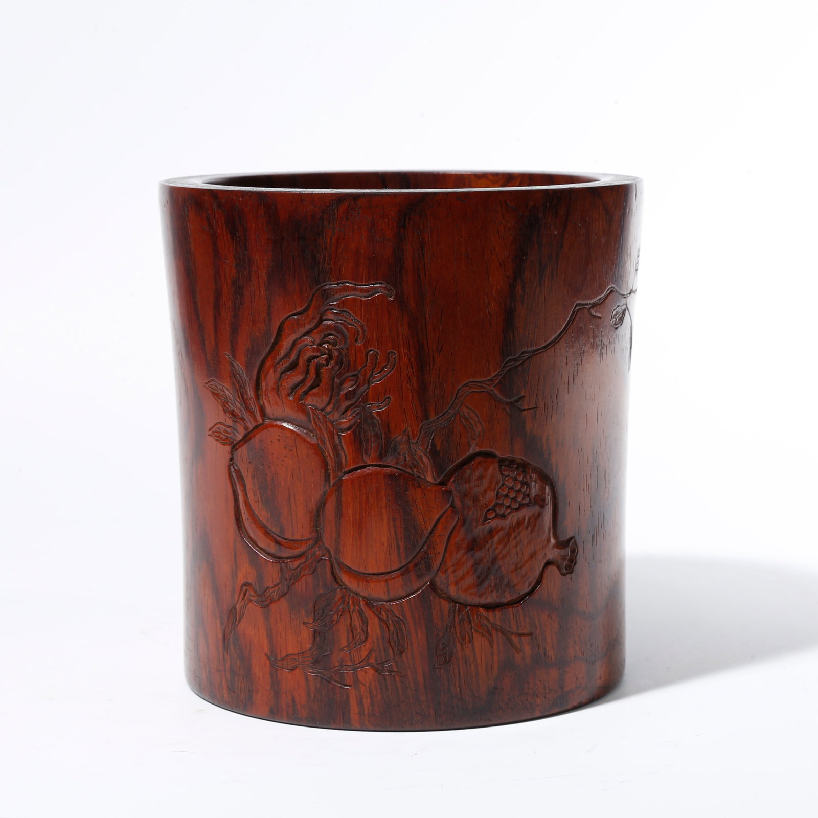 A RED SANDALWOOD CARVED BRUSH POT WITH FORTUNE, LONGEVITY AND BLESSING PATTERN: Red Sandalwood Carved Brush Pot with Fortune, Longevity and Blessing Pattern