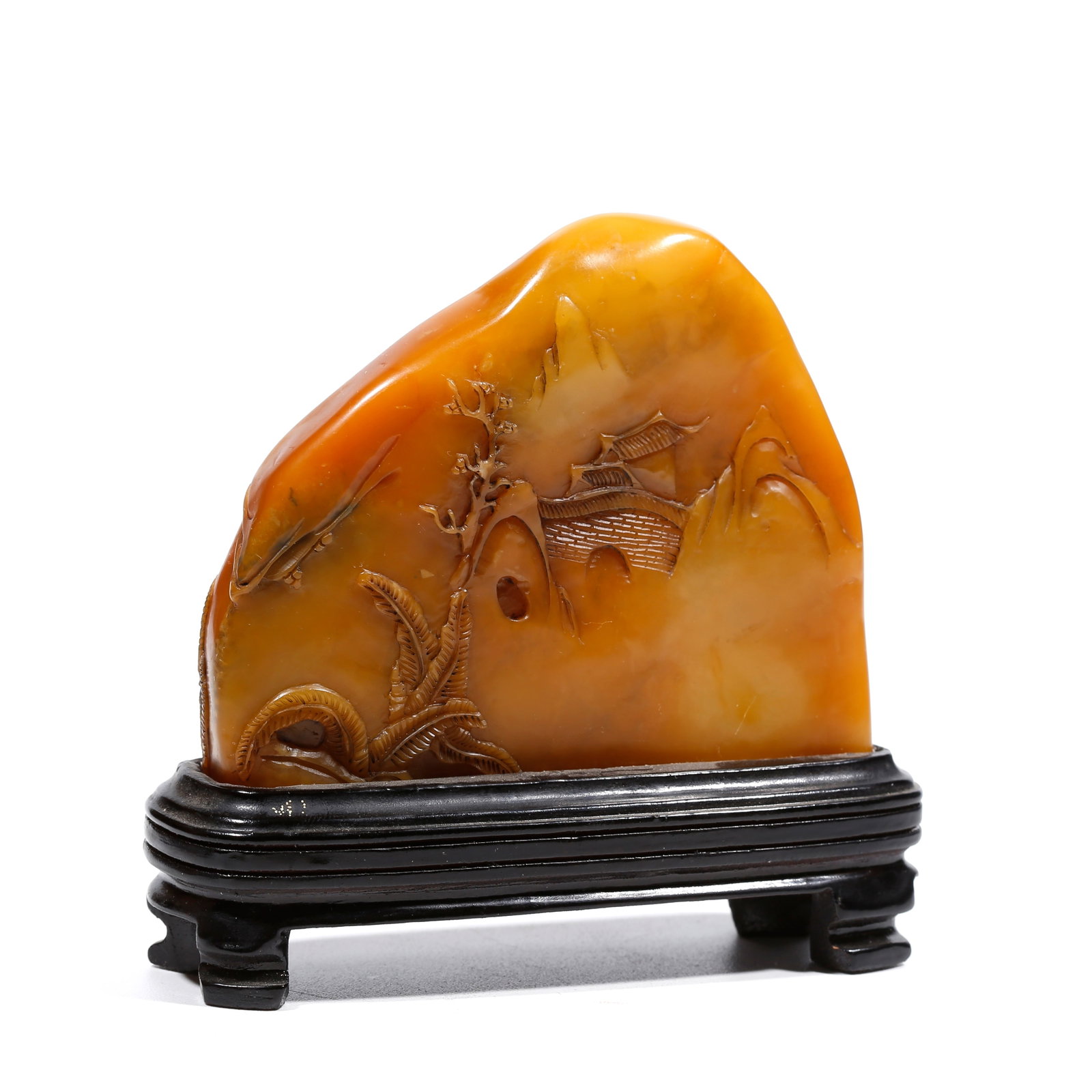 A SHOUSHAN TIANHUANG STONE ORNAMENT CARVED WITH LANDSCAPE AND FIGURE PATTERNS: Shoushan Tianhuang Stone Ornament Carved with Landscape and Figure Patterns