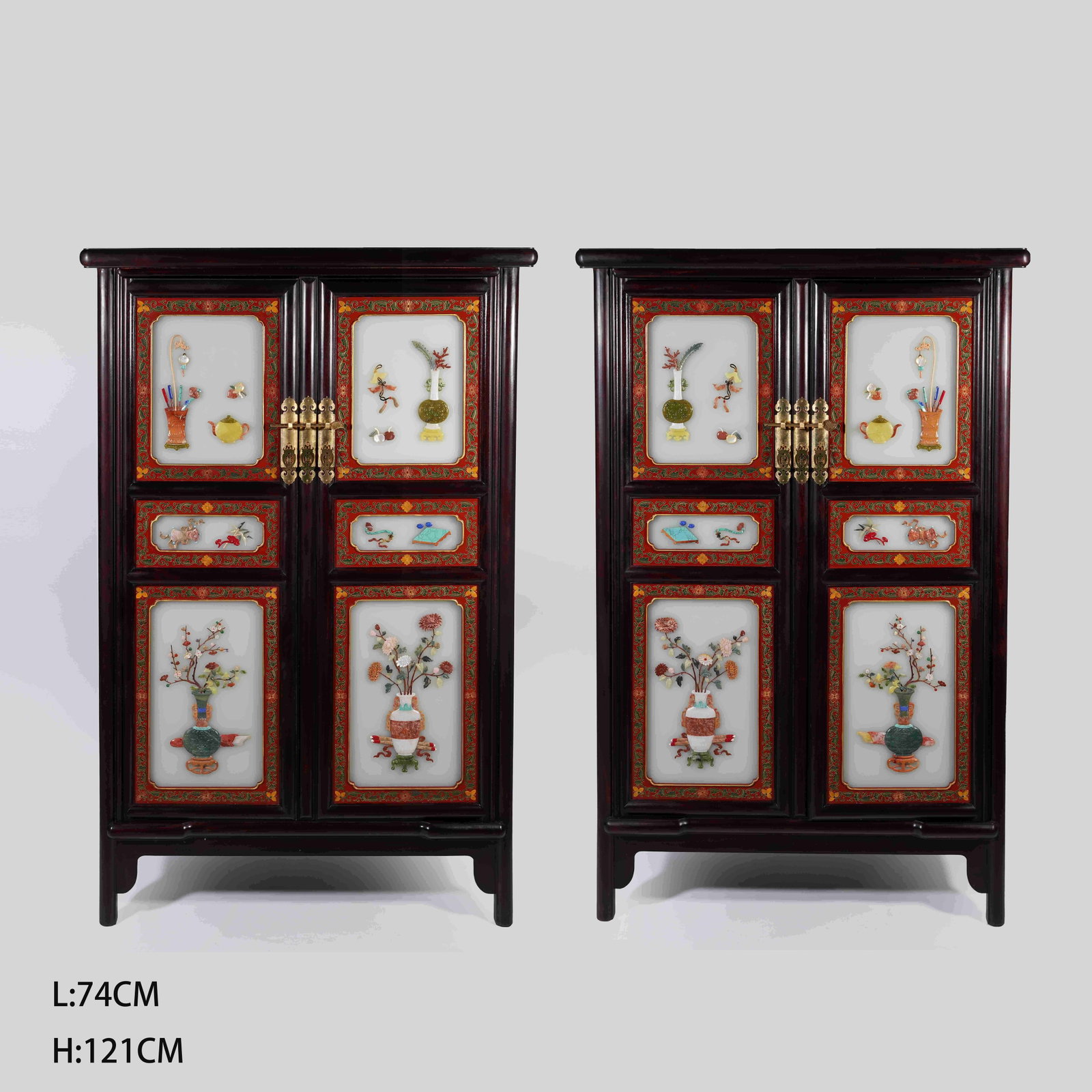 A SET OF RED SANDALWOOD NOODLE CABINETS WITH ANTIQUE PATTERNS AND PRECIOUS STONE INLAY: Set of Red Sandalwood Noodle Cabinets with Antique Patterns and Precious Stone Inlay