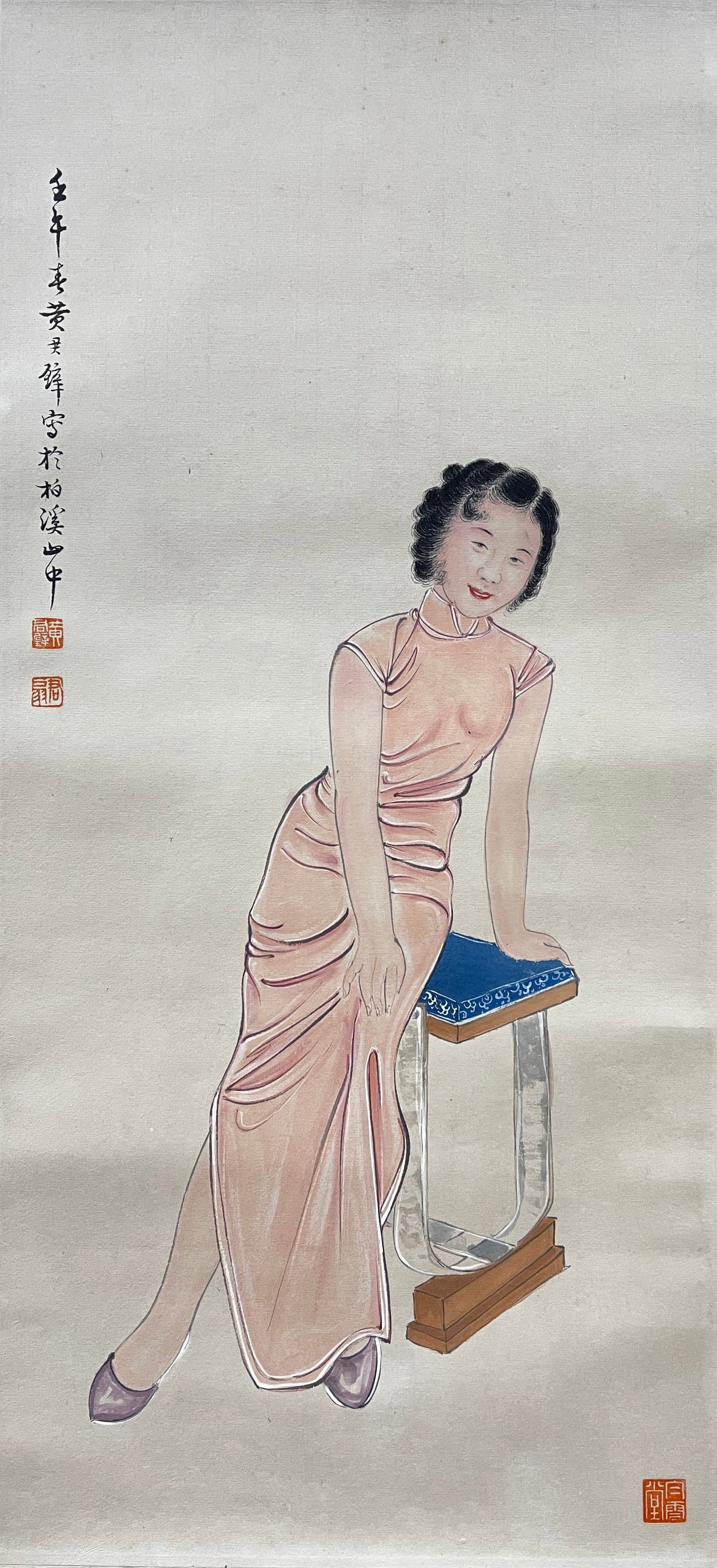 A VERTICAL SCROLL OF MODERN LADIES ON PAPER BY HUANG JUNBI.黃君璧 (1 of 8)
