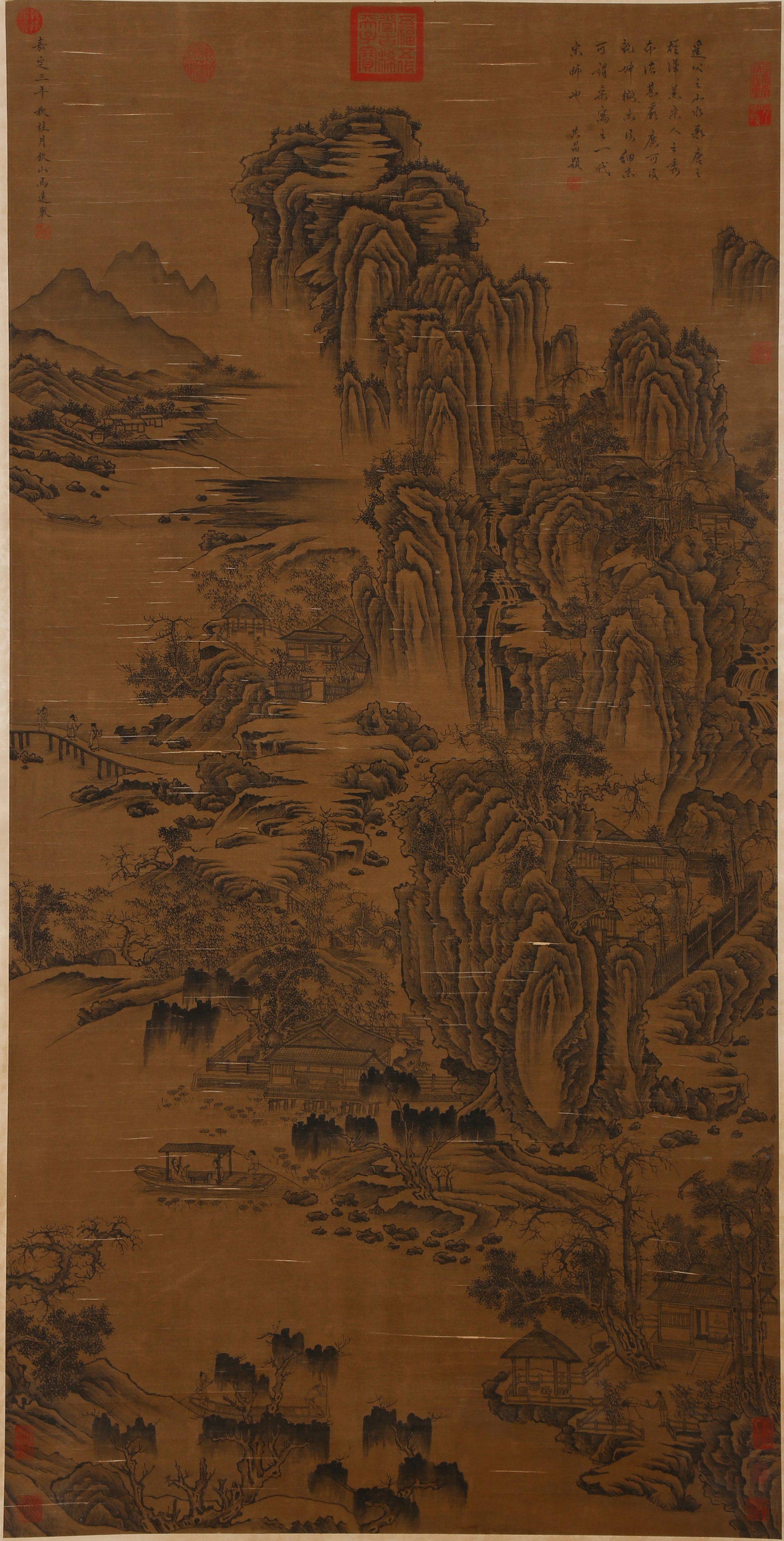 A LANDSCAPE AND PAVILION PAINTING ON SILK BY MA YUAN.馬遠: Landscape and Pavilion Painting on Silk by Ma Yuan.馬遠