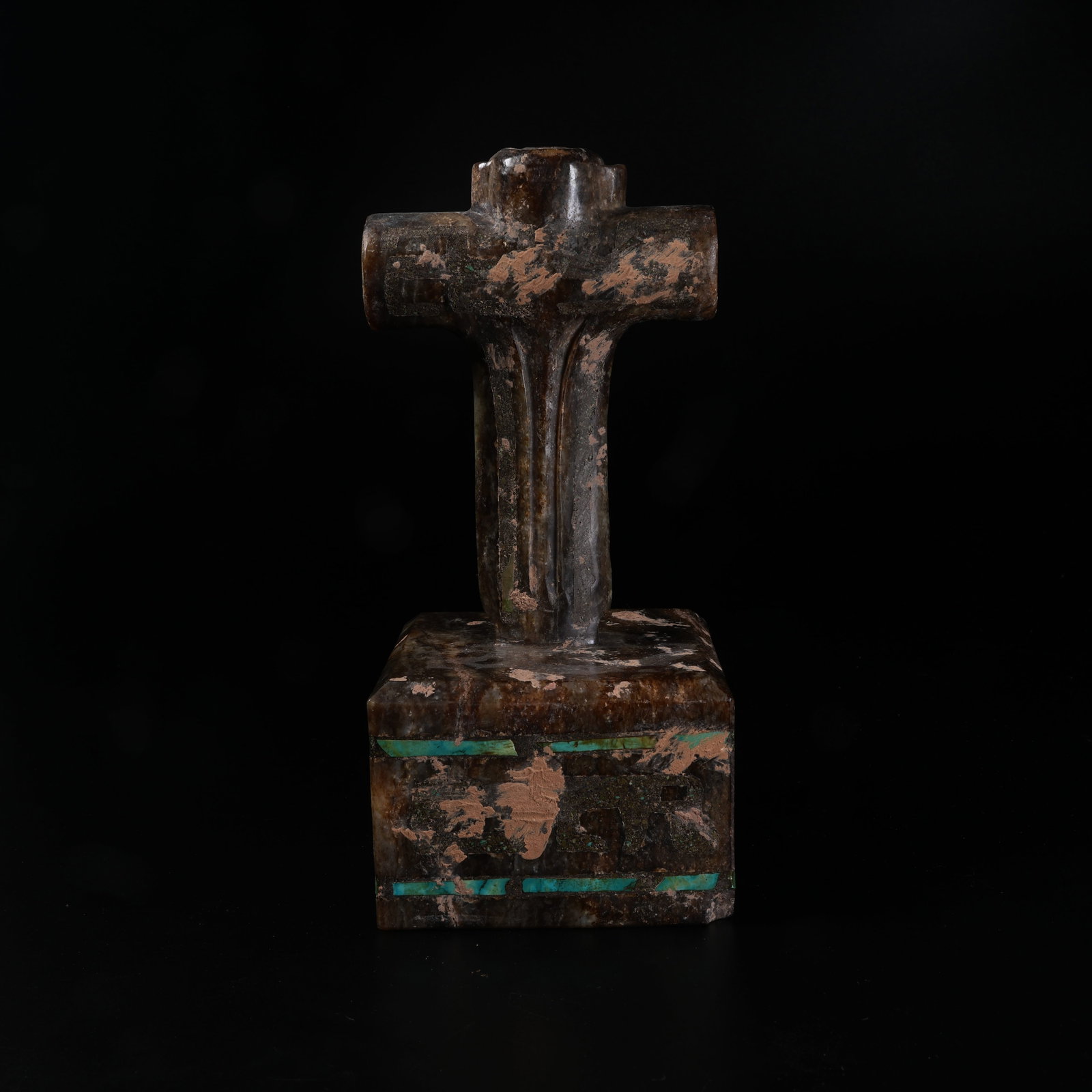 A ANCIENT JADE SEAL WITH DIVINE FIGURE KNOB INLAID WITH TURQUOISE: Ancient Jade Seal with Divine Figure Knob Inlaid with Turquoise