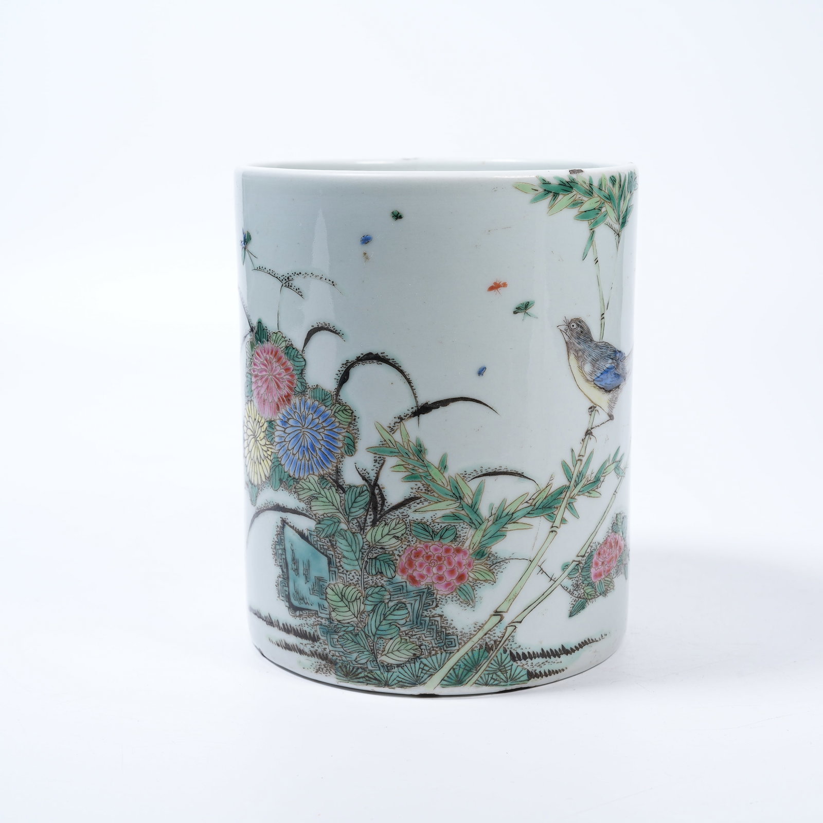 A FAMILLE ROSE BRUSH POT WITH FLOWER AND BIRD PATTERNS (1 of 9)