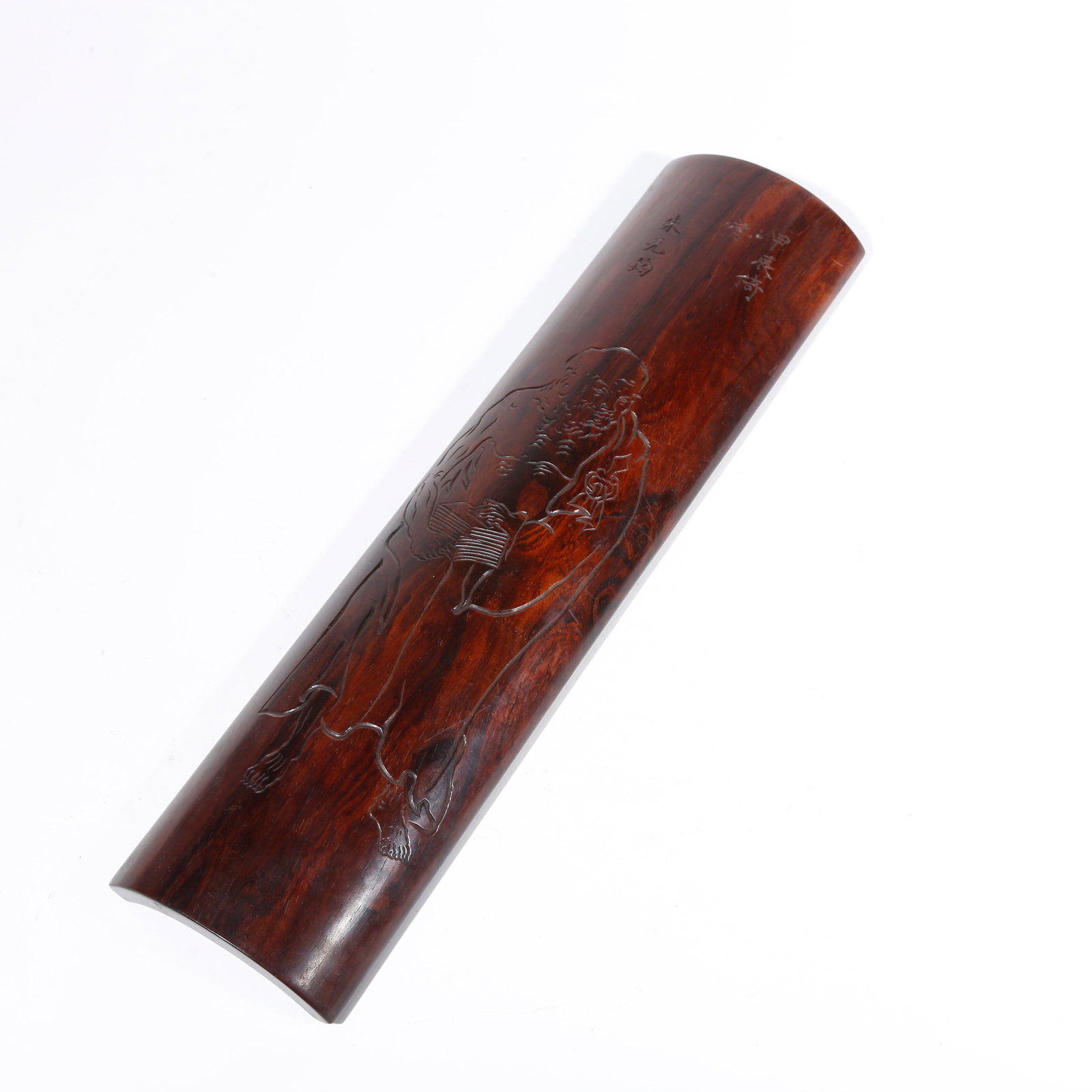 A RED SANDALWOOD CARVED ARM REST WITH FIGURE PATTERN: Red Sandalwood Carved Arm Rest with Figure Pattern