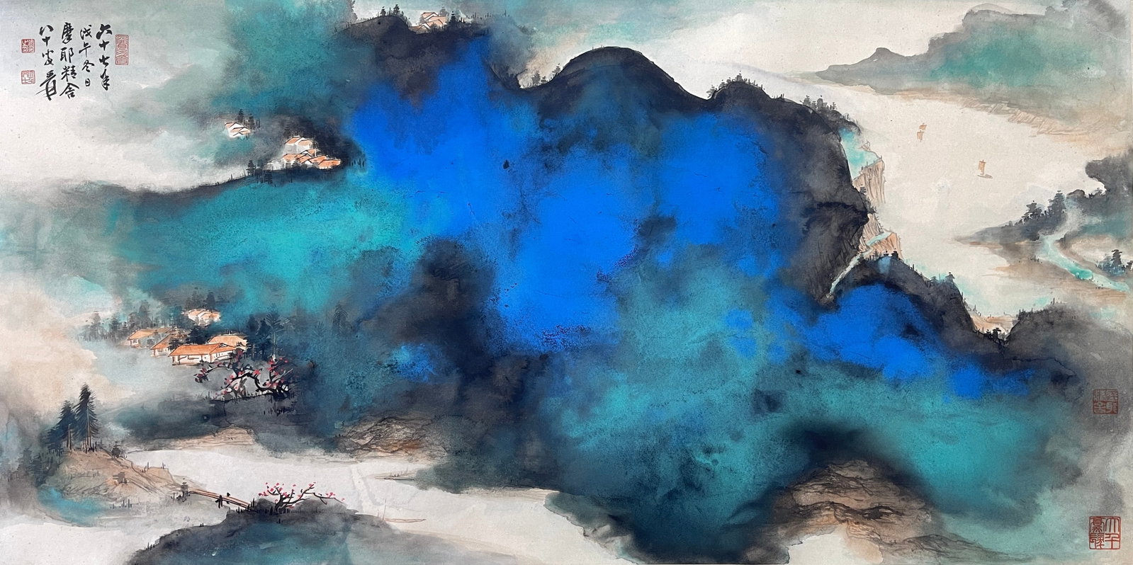 A MOUNTED UNFRAMED FOUR-FOOT SPLASHED-COLOR LANDSCAPE PAINTING ON PAPER BY ZHANG DAQIAN.張 (1 of 8)