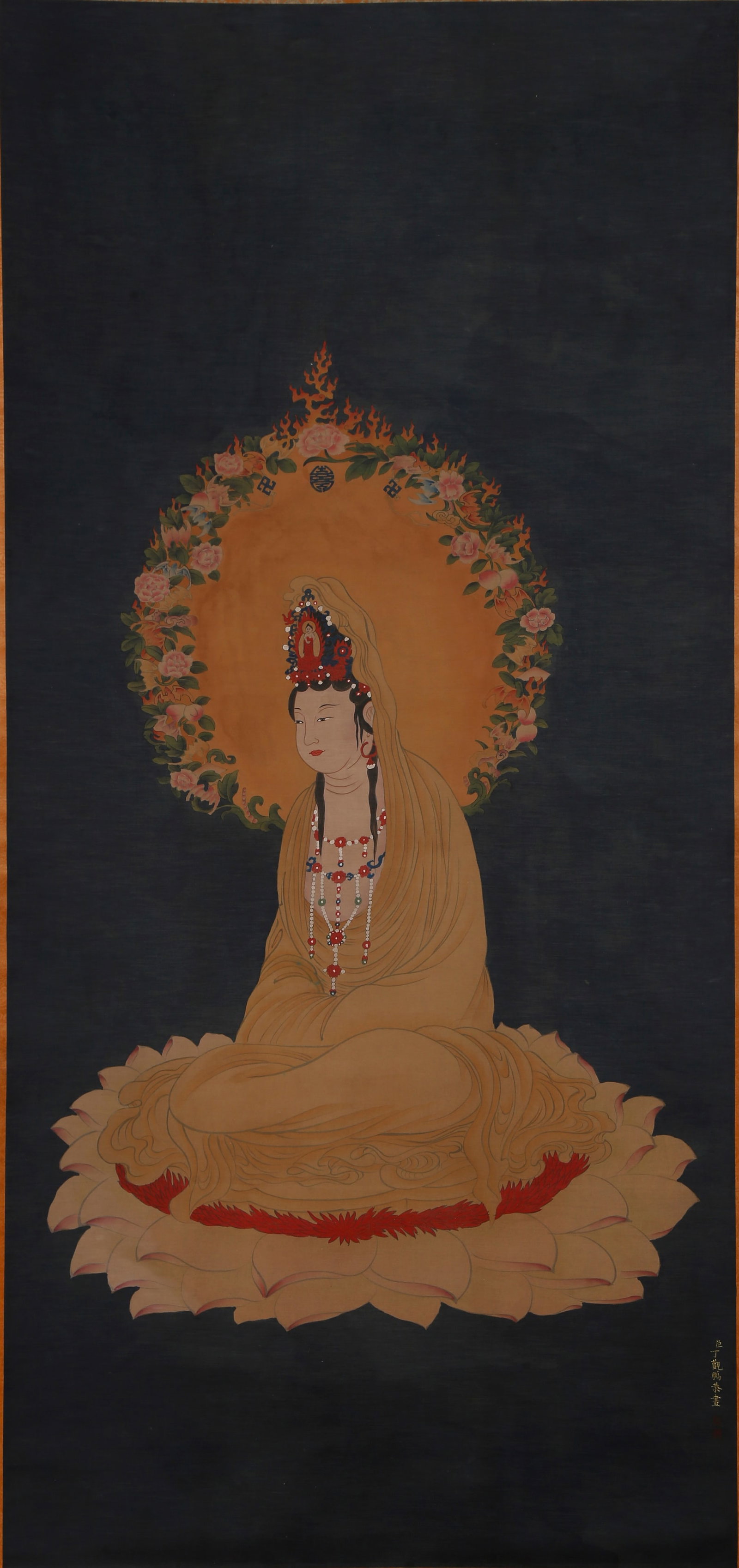 A GUANYIN BODHISATTVA PAINTING ON SILK BY DING GUANPENG.丁觀鵬: Guanyin Bodhisattva Painting on Silk by Ding Guanpeng.丁觀鵬