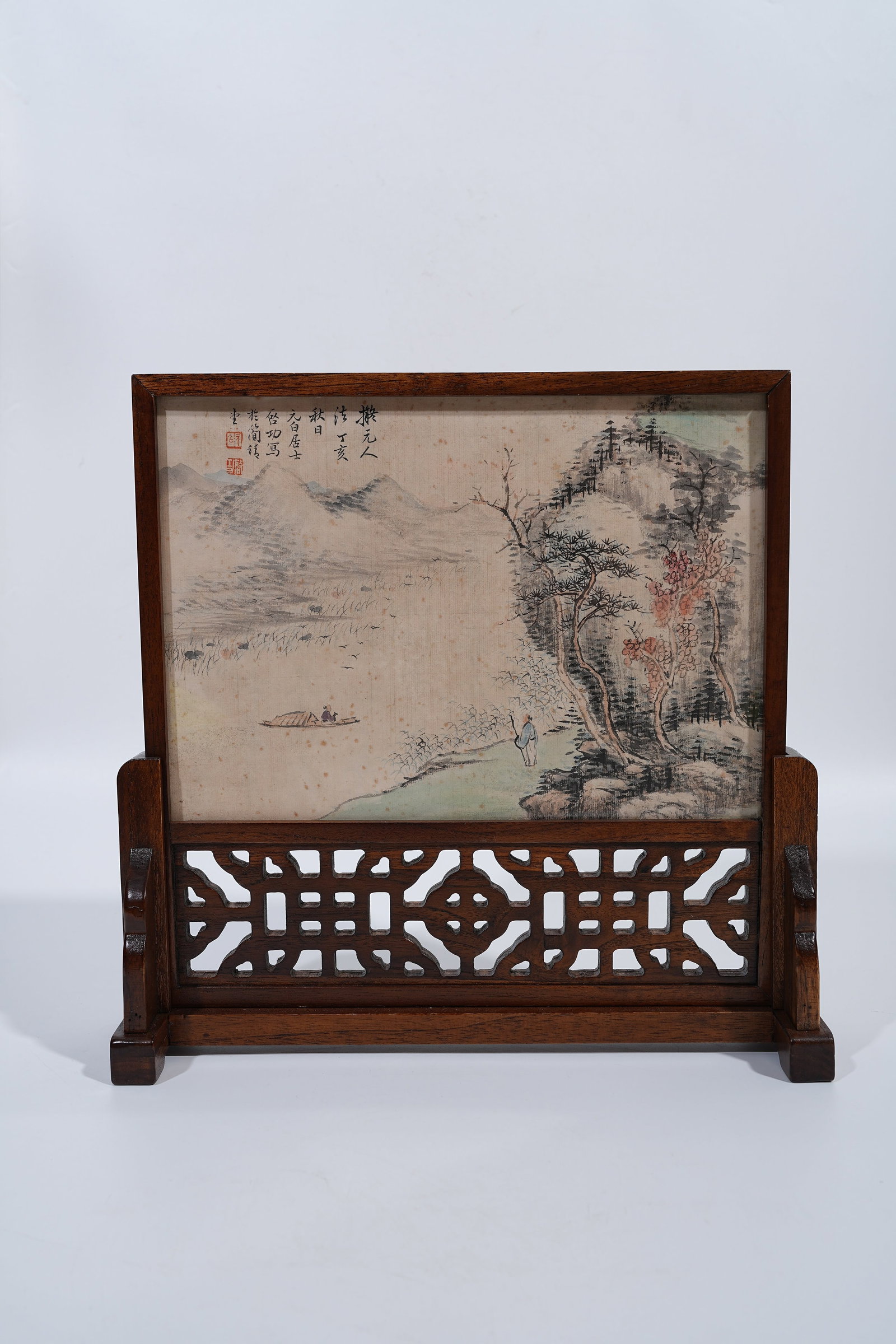 A LANDSCAPE AND FIGURE TABLE SCREEN PAINTING ON PAPER BY QI GONG.啟功: Landscape and Figure Table Screen Painting on Paper by Qi Gong.啟功