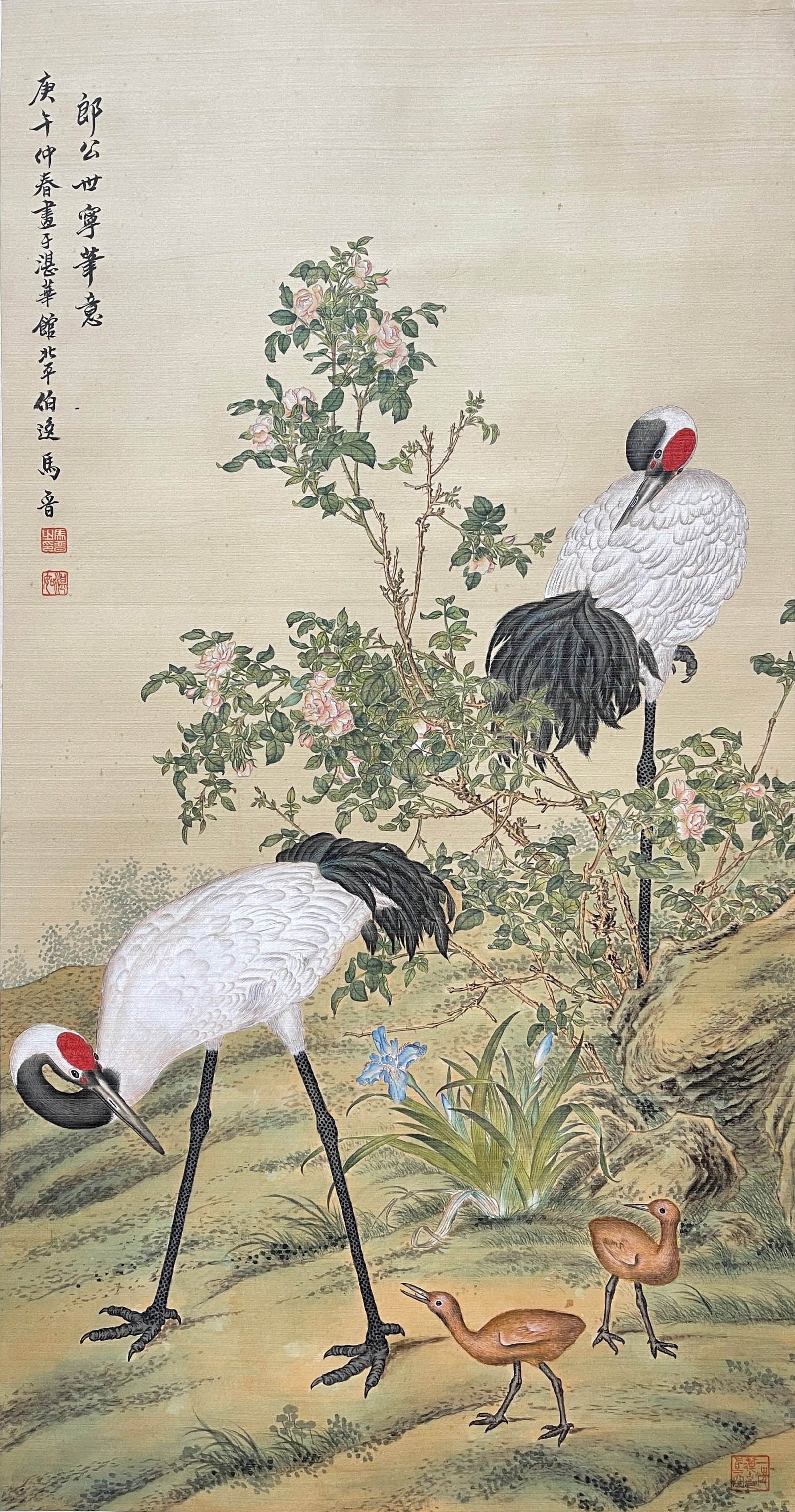 A VERTICAL SCROLL TWIN CRANES PAINTING ON SILK BY MA JIN.馬晉 (1 of 9)