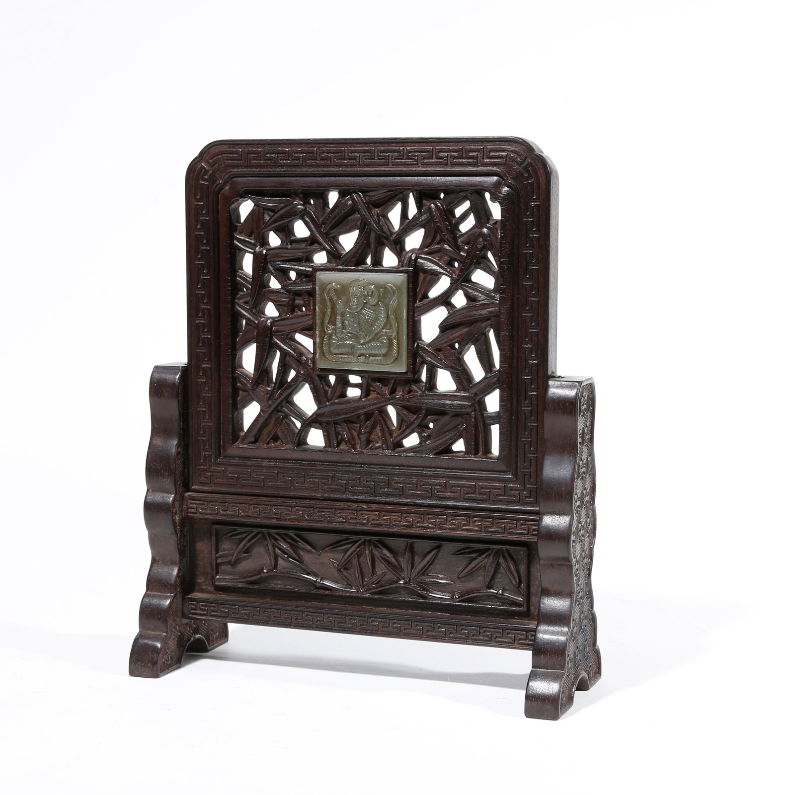 A RED SANDALWOOD CARVED SCREEN INLAID WITH HETIAN JADE CARVED FIGURE PATTERN (1 of 9)