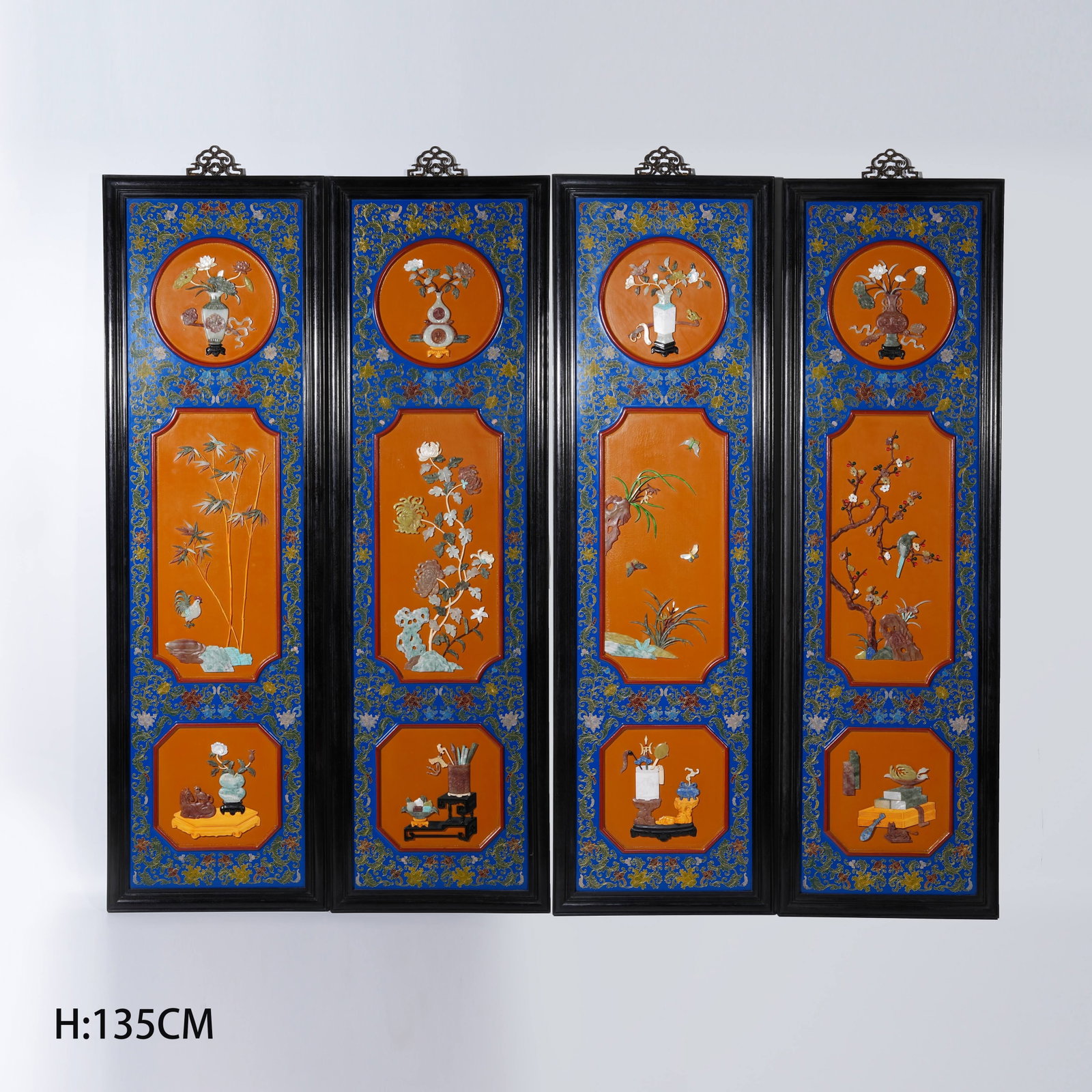 A SET OF FOUR RED SANDALWOOD HANGING SCREENS WITH FLOWER & BIRD PATTERNS AND PRECIOUS STONE INLAY (1 of 11)