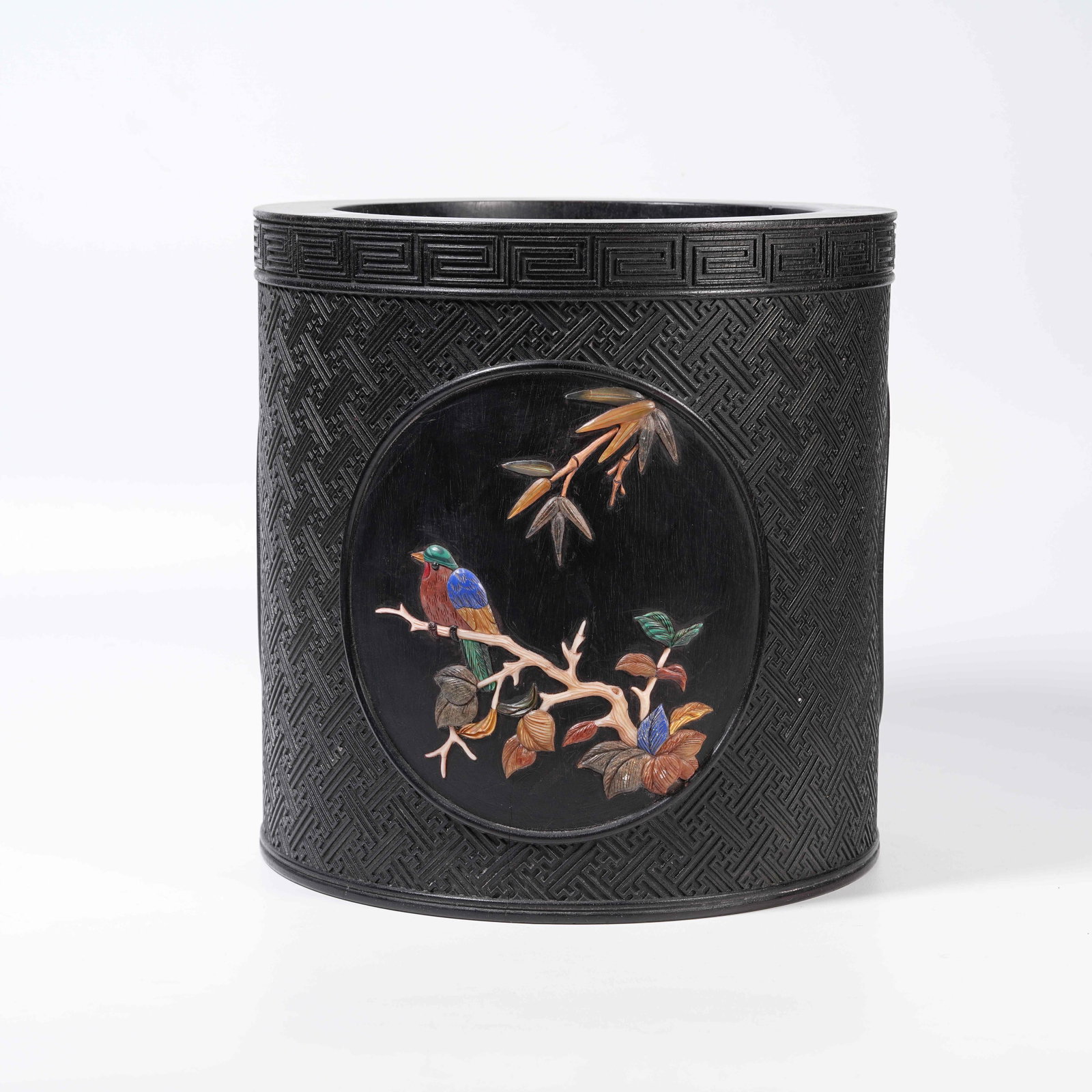 A RED SANDALWOOD BRUSH POT WITH FLOWER AND BIRD PATTERNS AND PRECIOUS STONE INLAY (1 of 10)