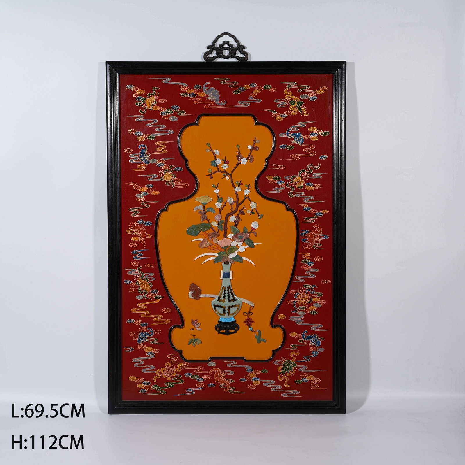 A RED SANDALWOOD HANGING SCREEN WITH FLORAL PATTERNS AND PRECIOUS STONE INLAY (1 of 7)