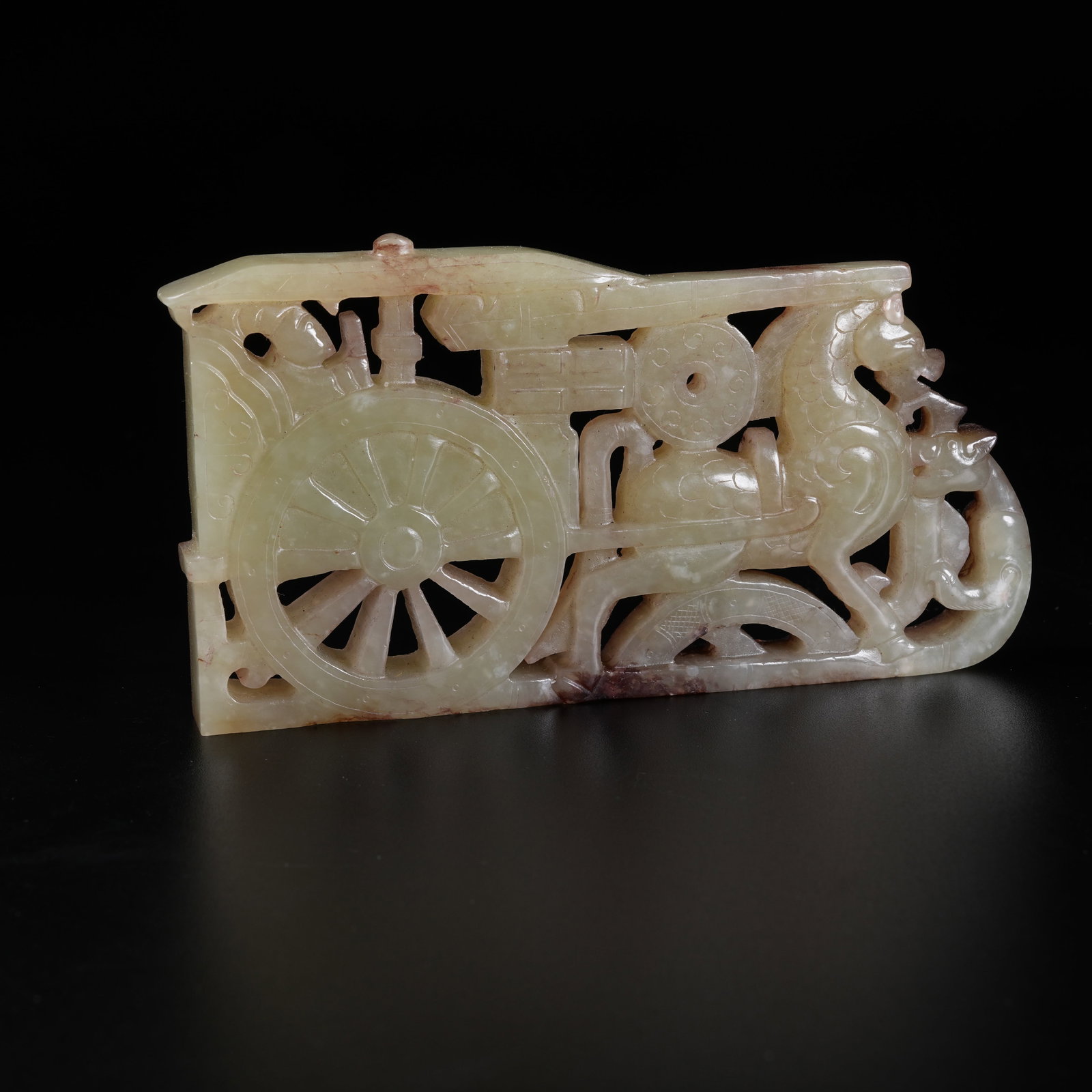 A ANCIENT JADE ORNAMENT CARVED WITH DRAGON AND CHARIOT PATTERNS: Ancient Jade Ornament Carved with Dragon and Chariot Patterns