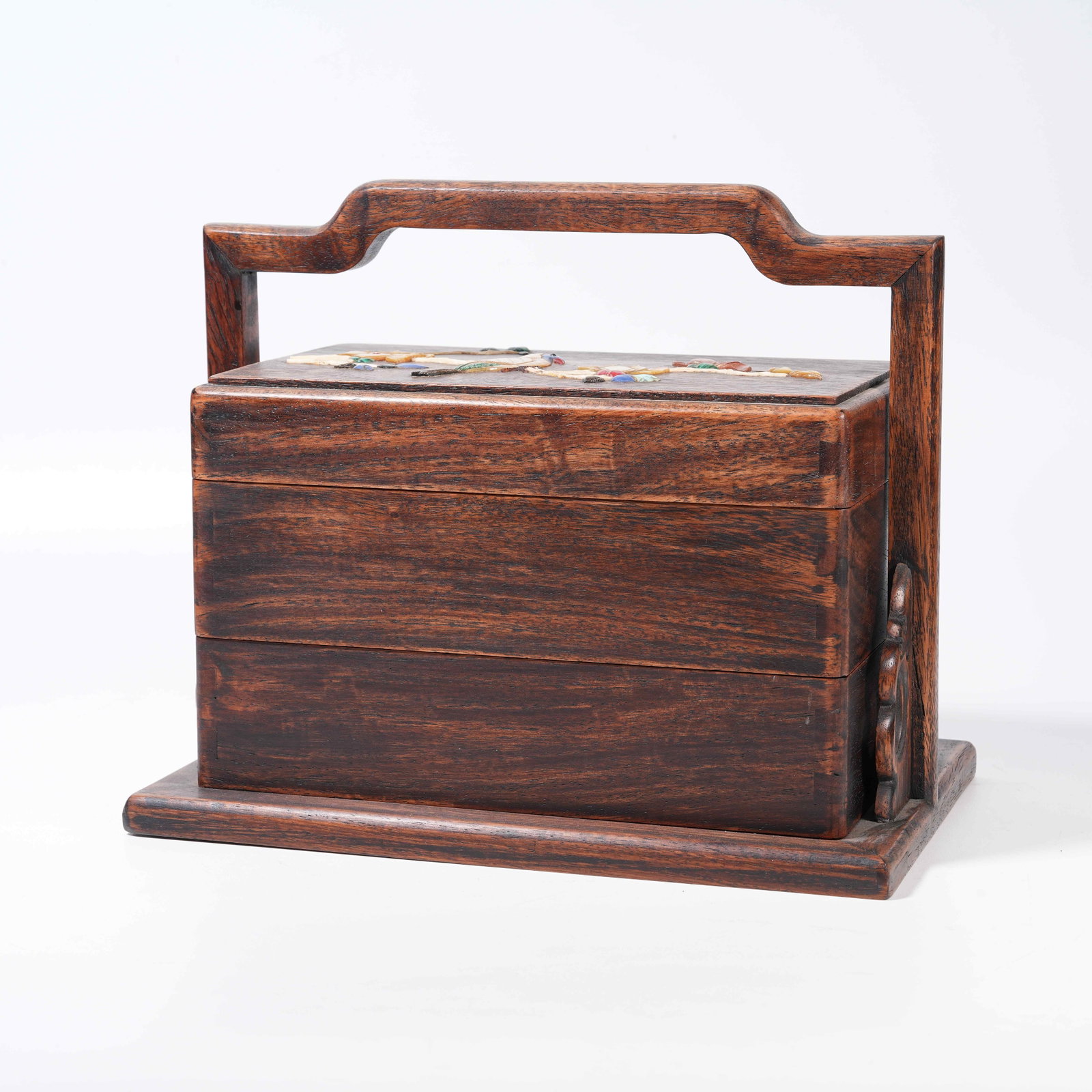 A HUANGHUALI LIDDED BOX WITH HANDLE, FLOWER AND BIRD PATTERNS AND PRECIOUS STONE INLAY (1 of 7)