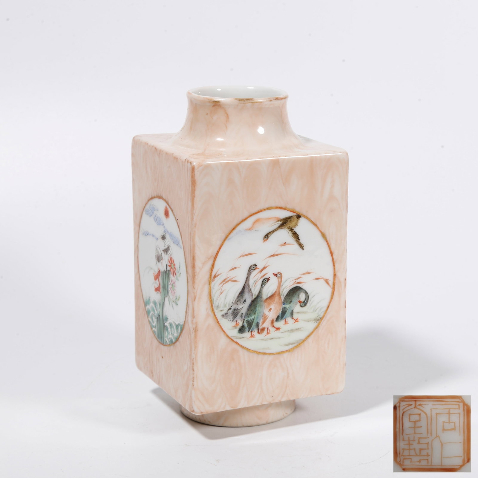A WOOD-GRAIN GLAZE CONG-STYLE VASE WITH WINDOWED FLOWER AND BIRD SCENES: Wood-Grain Glaze Cong-Style Vase with Windowed Flower and Bird Scenes