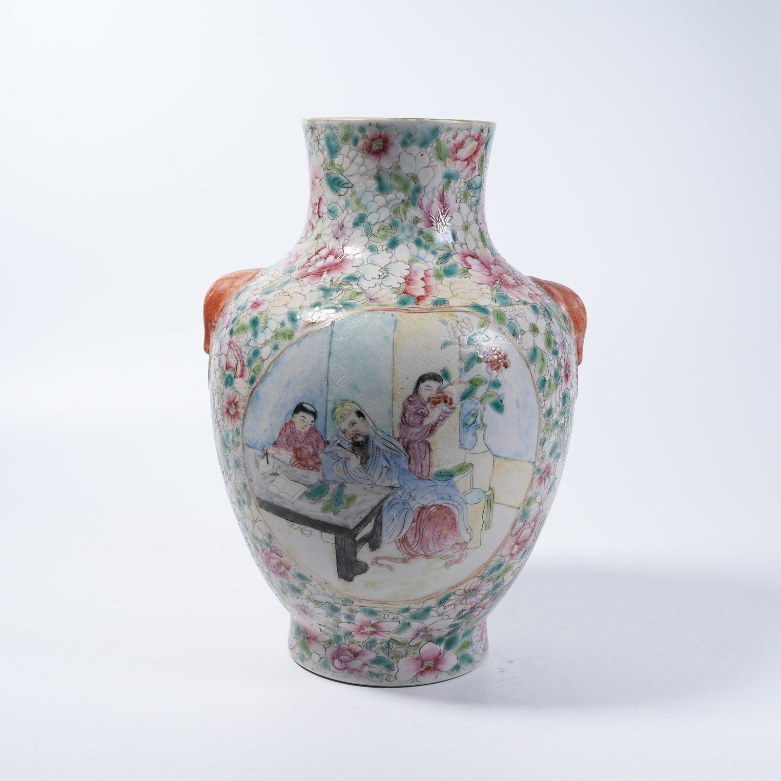 A ELEPHANT-EAR ZUN VASE WITH FAMILLE ROSE NARRATIVE FIGURE PATTERN: Elephant-ear Zun Vase with Famille Rose Narrative Figure Pattern