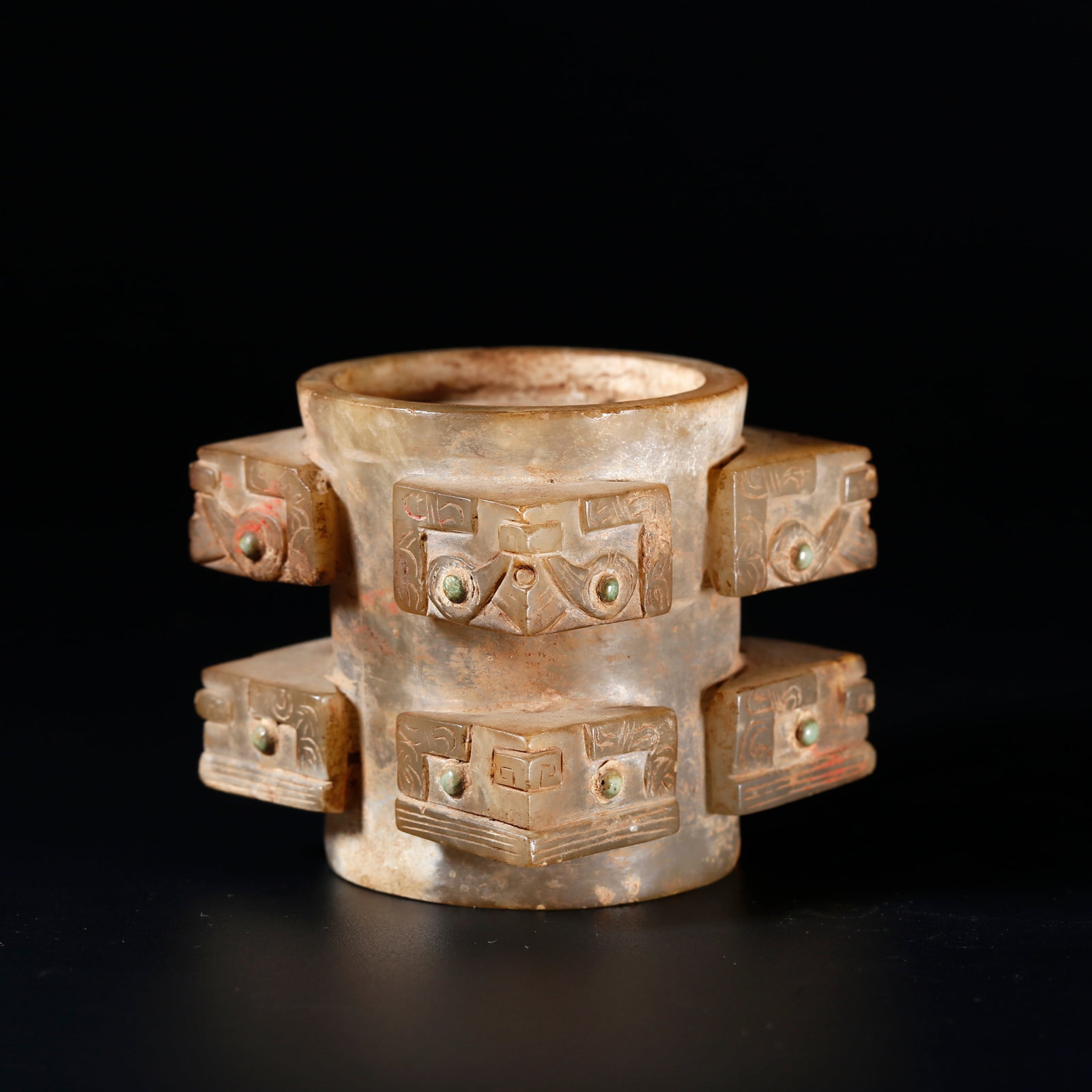 A ANCIENT JADE CONG CARVED WITH BEAST MASK PATTERNS (1 of 9)