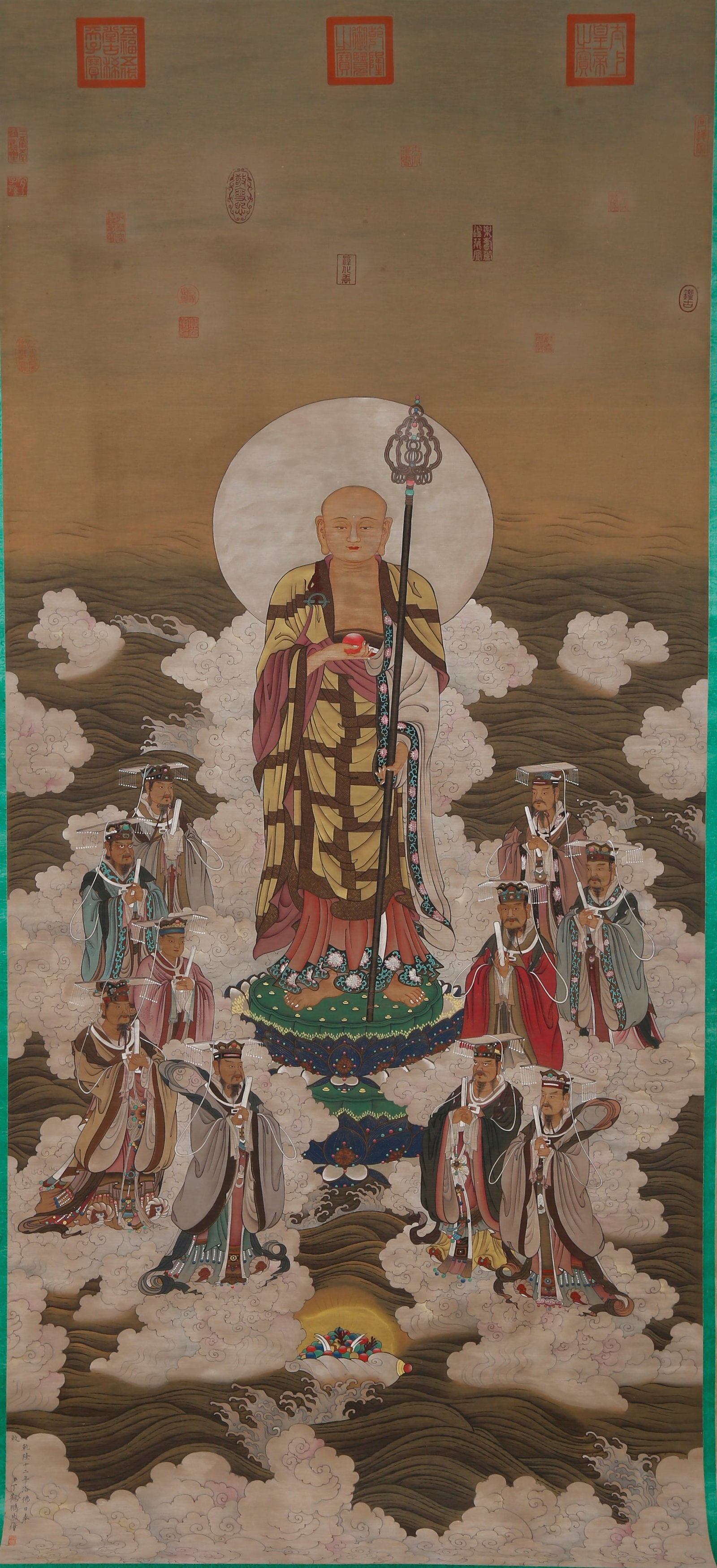 A KSITIGARBHA BODHISATTVA PAINTING ON SILK BY DING GUANPENG.丁觀鵬: Ksitigarbha Bodhisattva Painting on Silk by Ding Guanpeng.丁觀鵬