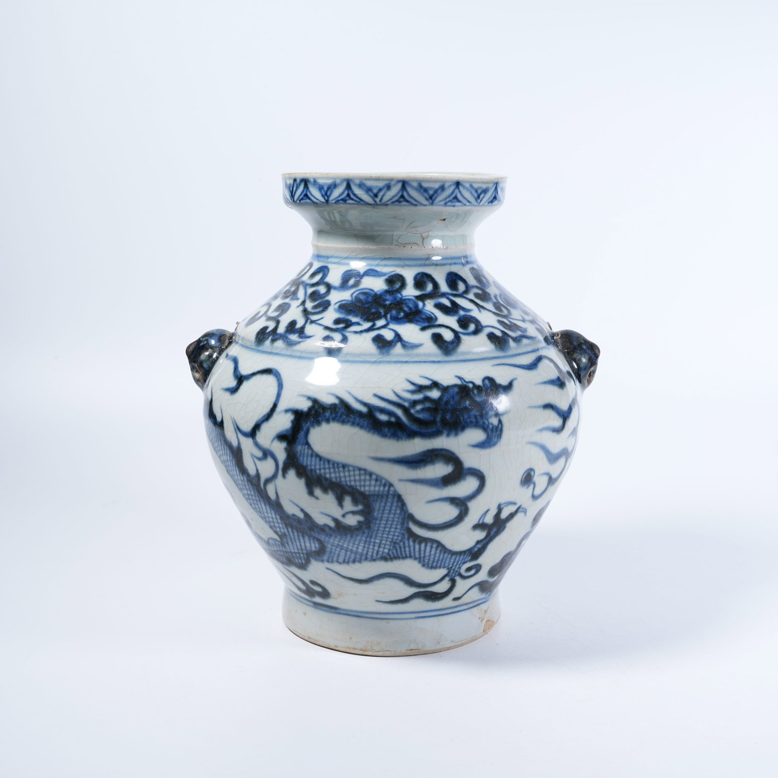 A BEAST-EARED VASE WITH BLUE AND WHITE CLOUD DRAGON MOTIFS (1 of 9)