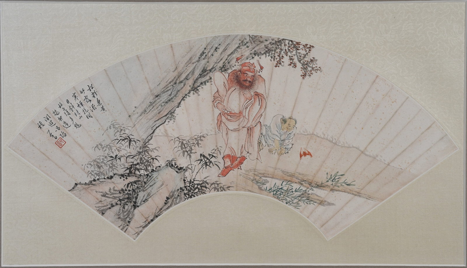 A FRAMED ZHONG KUI FAN PAINTING ON PAPER BY PU RU.溥儒: Framed Zhong Kui Fan Painting on Paper by Pu Ru.溥儒