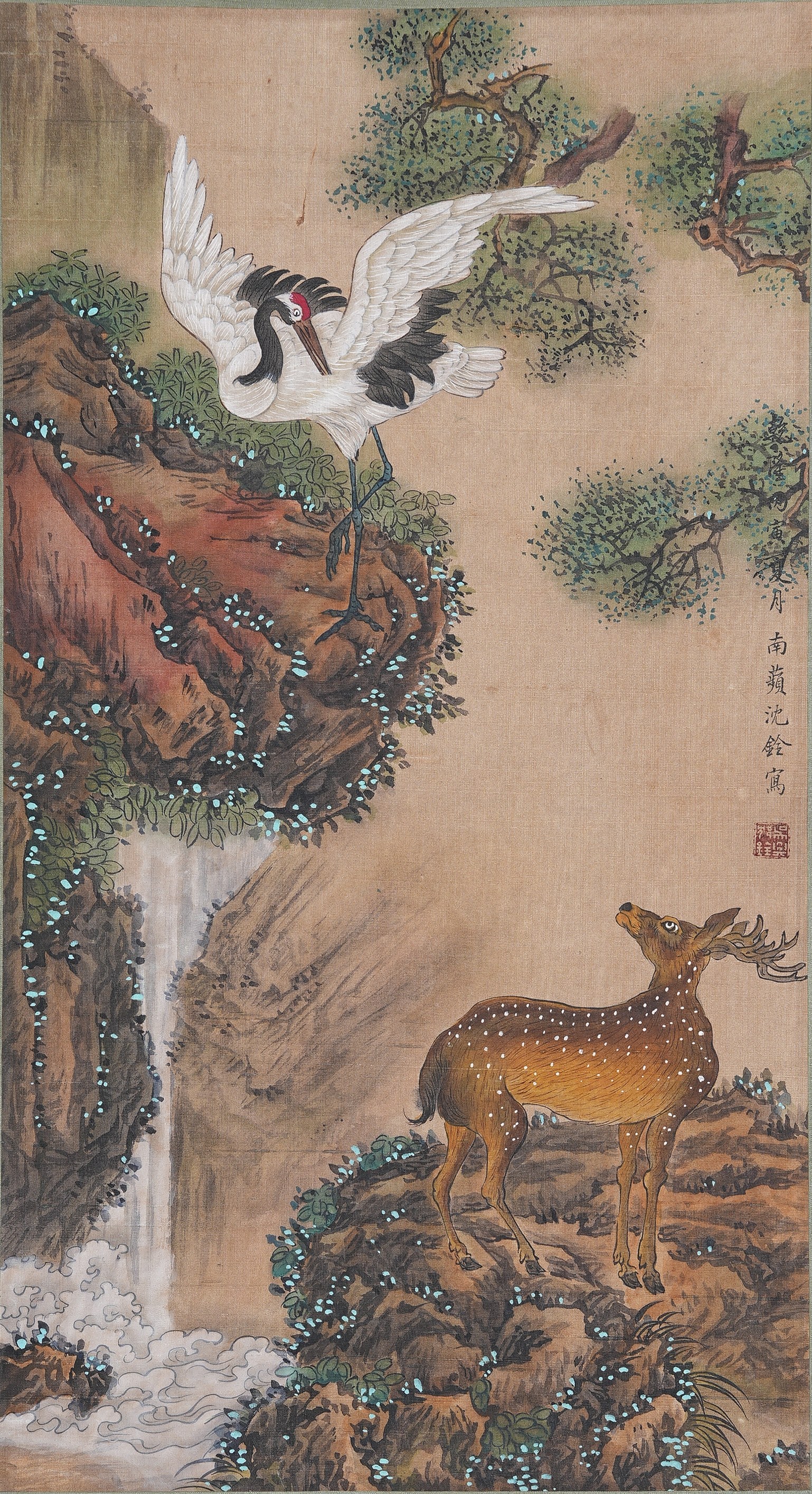 A DEER AND CRANE PAINTING ON SILK BY SHEN QUAN.沈銓: Deer and Crane Painting on Silk by Shen Quan.沈銓