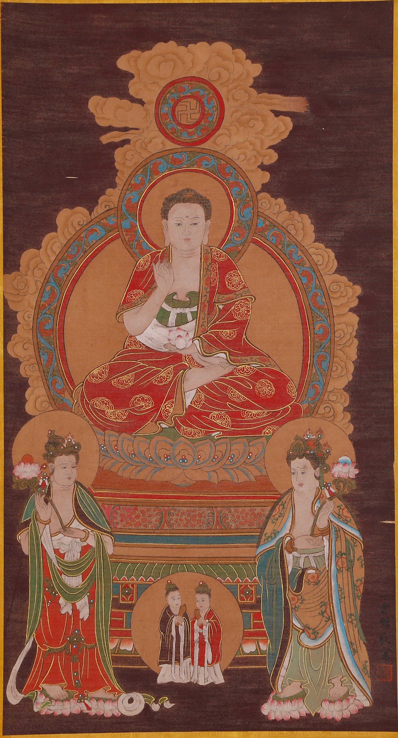 A BUDDHA PAINTING ON SILK BY DING YUNPENG.丁雲鵬: Buddha Painting on Silk by Ding Yunpeng.丁雲鵬
