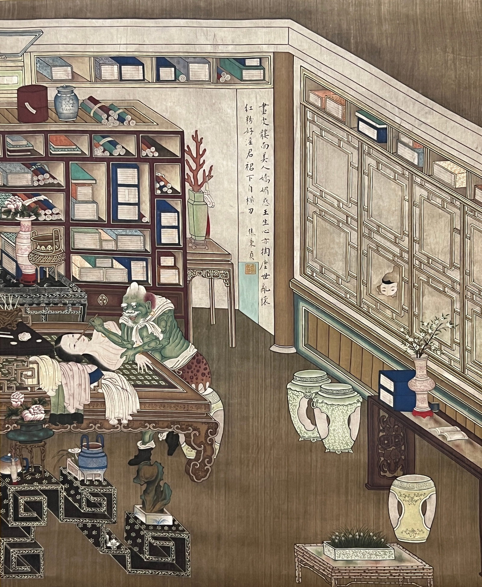 A VERTICAL SCROLL PAINTING ON SILK BY JIAO BINGZHEN.焦秉貞: Vertical Scroll Painting on Silk by Jiao Bingzhen.焦秉貞