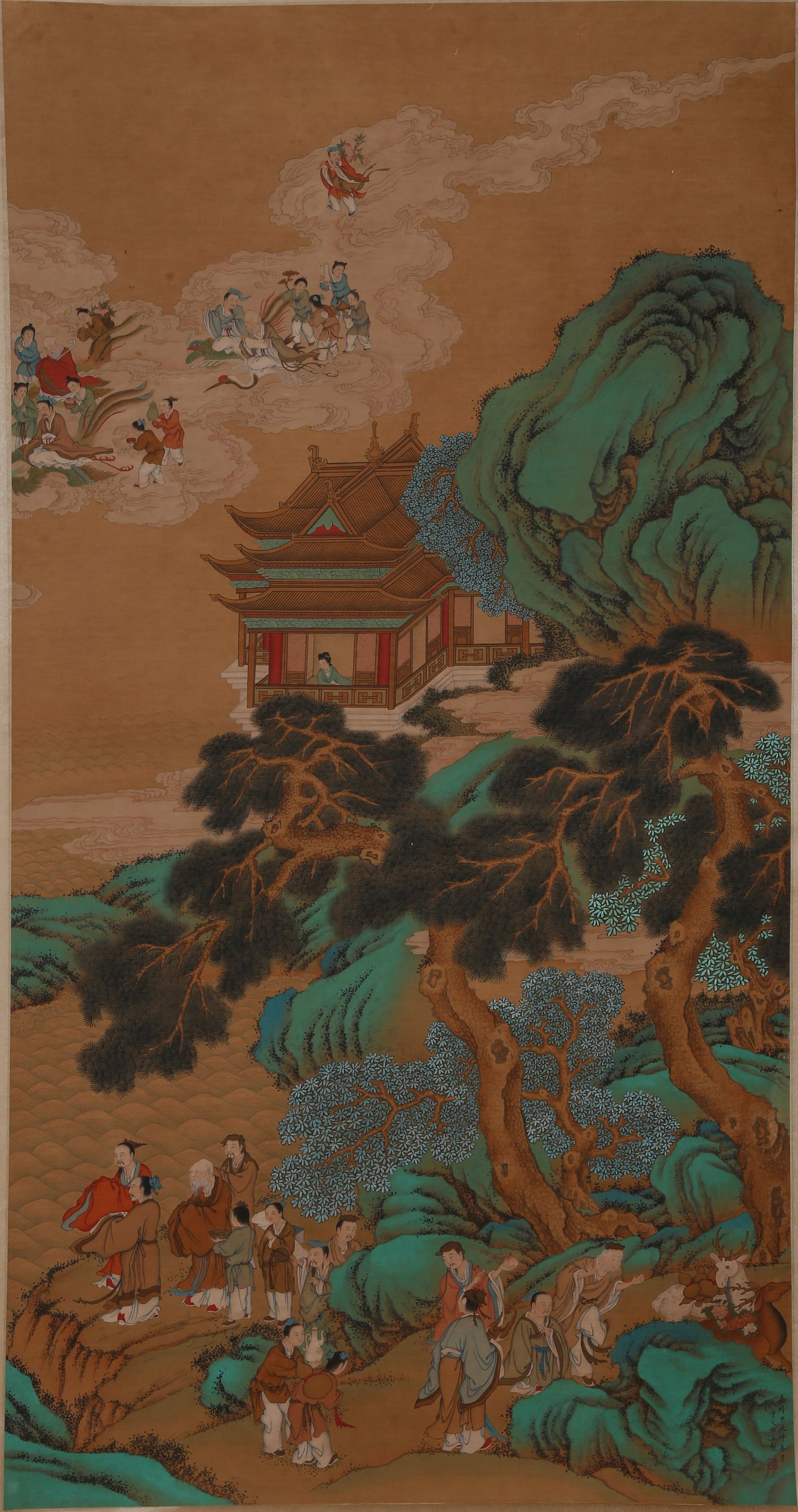 A IMMORTALS CELEBRATING BIRTHDAY PAINTING ON SILK BY QIU YING.仇英: Immortals Celebrating Birthday Painting on Silk by Qiu Ying.仇英