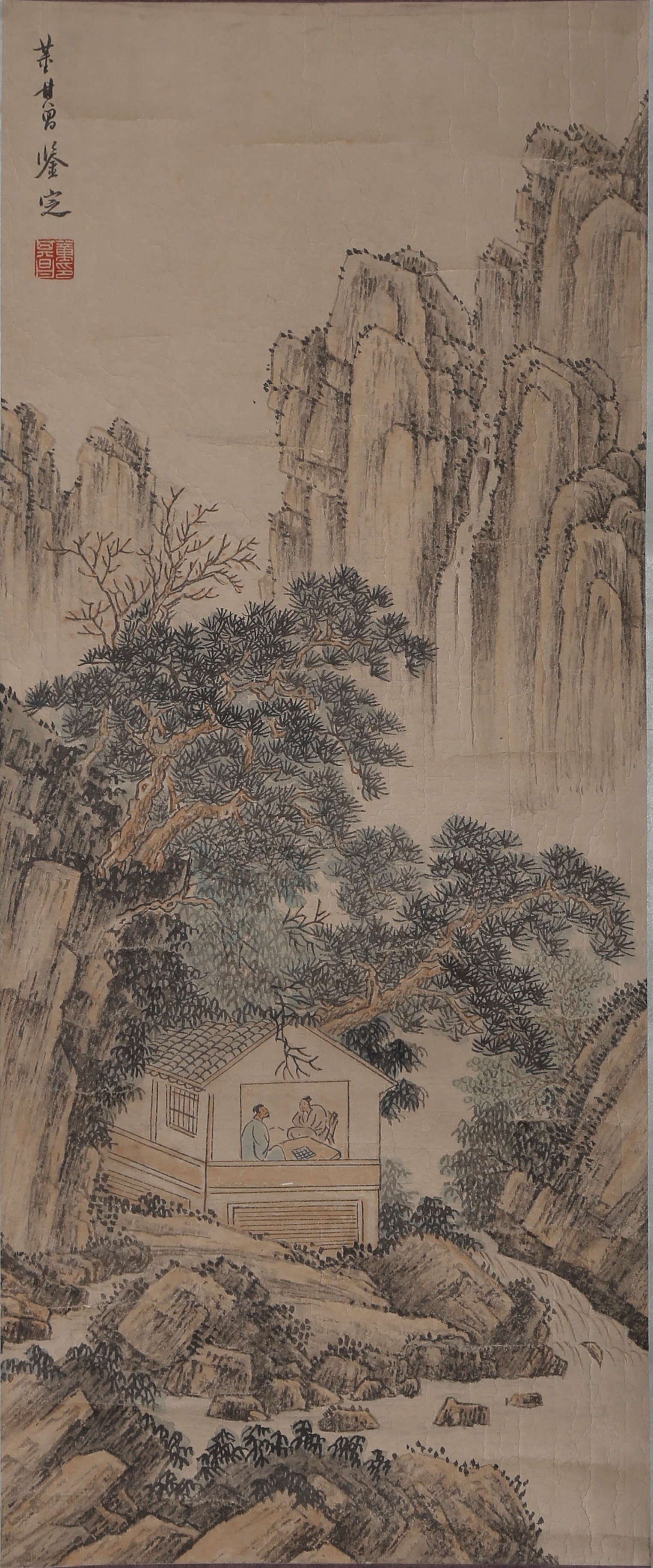 A LANDSCAPE AND FIGURE PAINTING ON PAPER BY DONG QICHANG.董其昌: Landscape and Figure Painting on Paper by Dong Qichang.董其昌