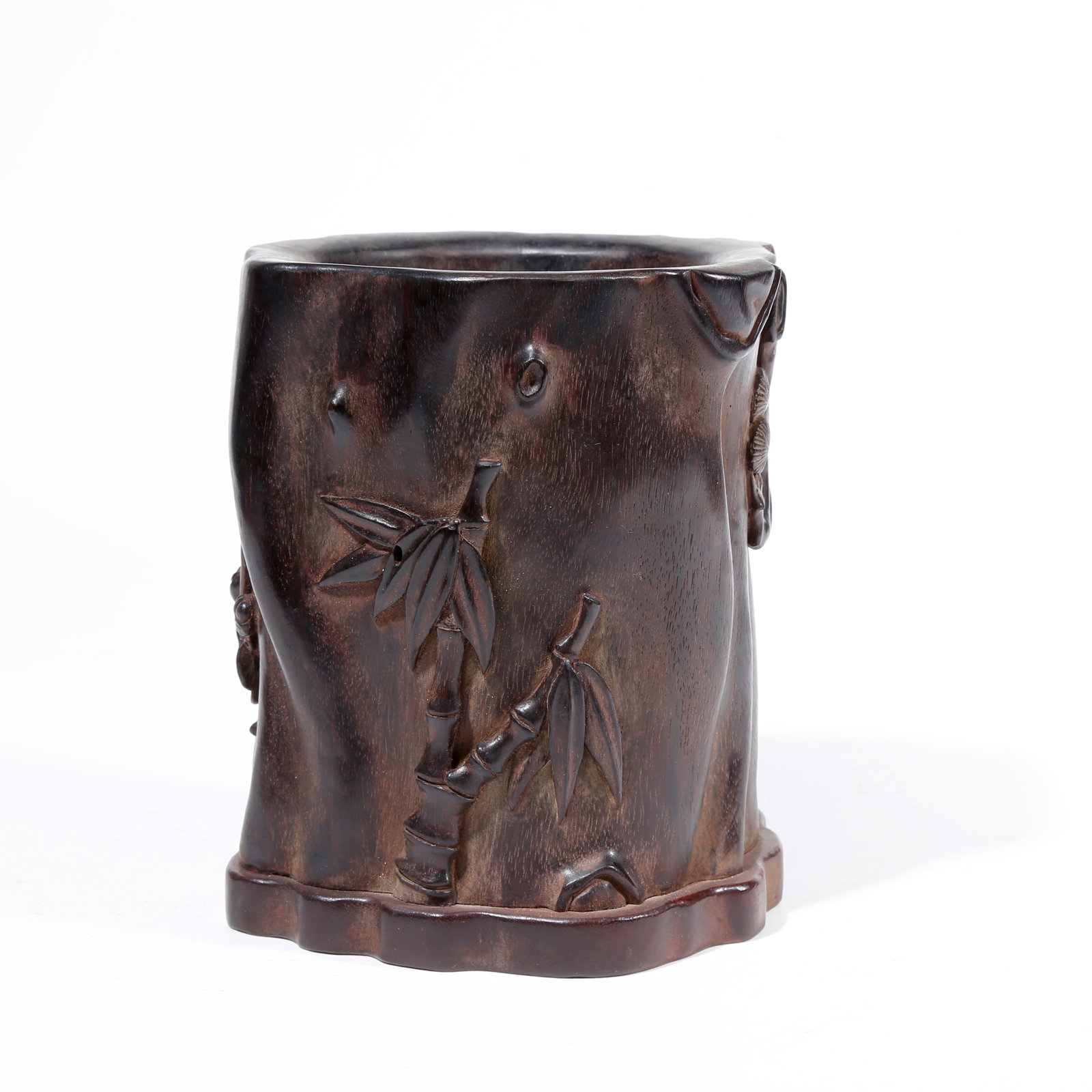 A RED SANDALWOOD CARVED BRUSH POT WITH PINE, PLUM AND BAMBOO PATTERN (1 of 9)
