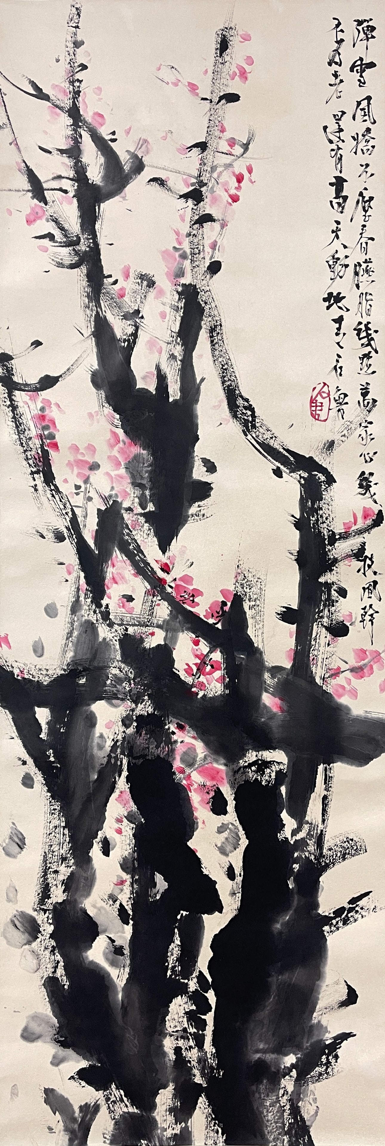 A VERTICAL SCROLL RED PLUM BLOSSOM PAINTING ON PAPER BY SHI LU.石魯: Vertical Scroll Red Plum Blossom Painting on Paper by Shi Lu.石魯