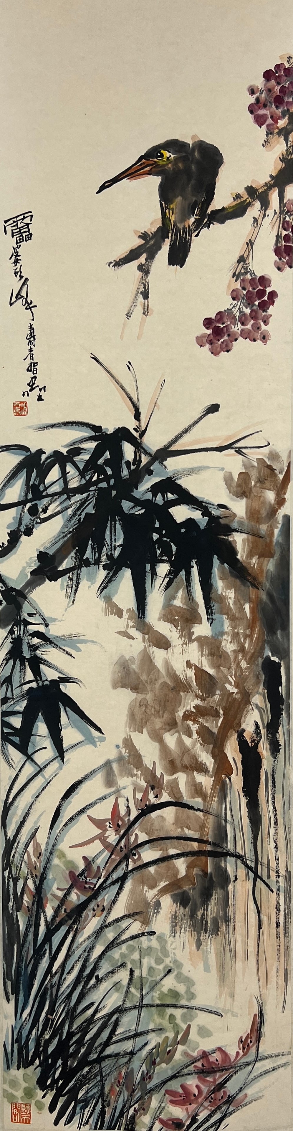 A VERTICAL SCROLL OF FLOWERS, GRAPES AND SMALL SPARROWS ON PAPER BY PAN TIANSHOU.潘天 (1 of 8)