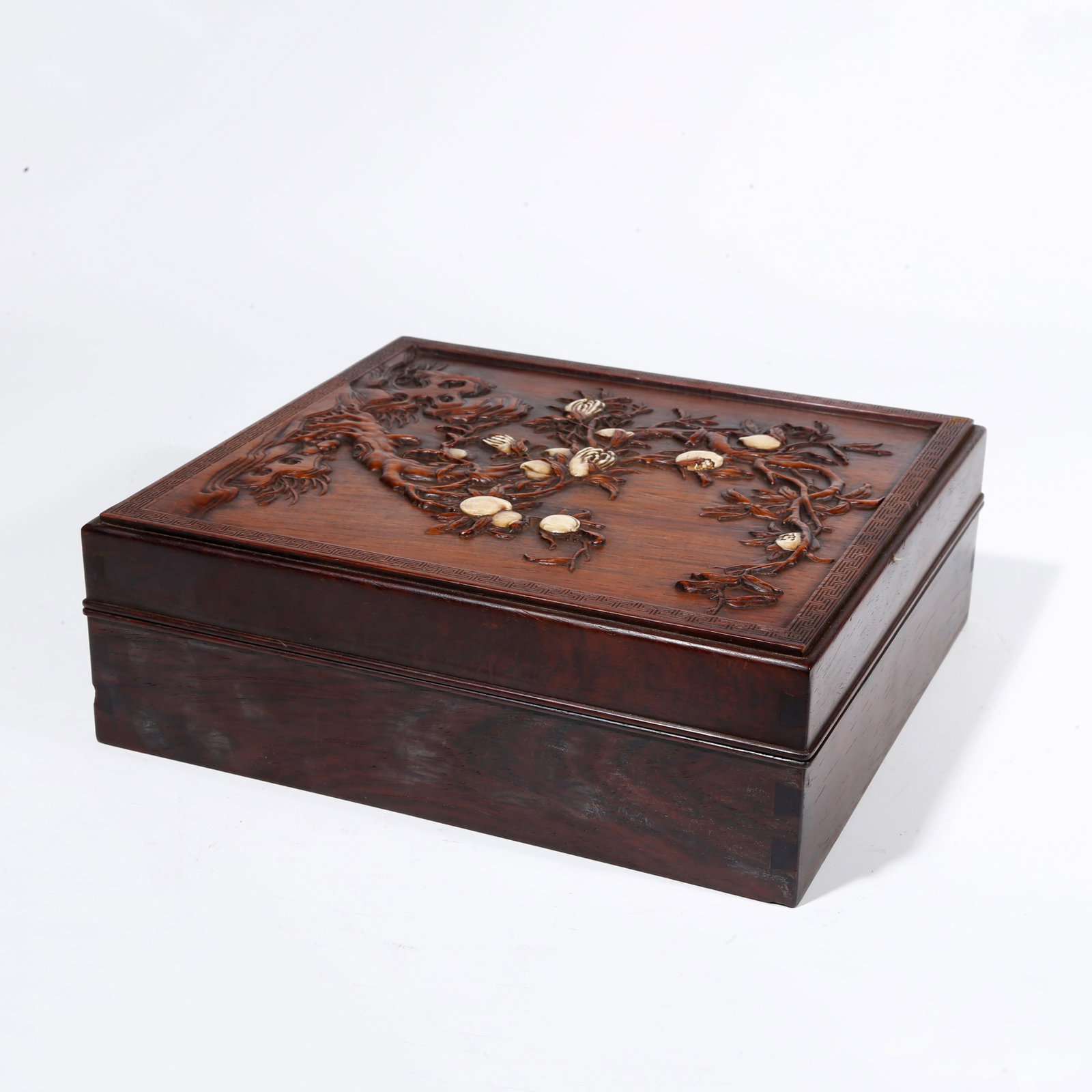 A HUANGHUALI WOOD CARVED COVERED BOX WITH FORTUNE, LONGEVITY AND BLESSING PATTERN: Huanghuali Wood Carved Covered Box with Fortune, Longevity and Blessing Pattern