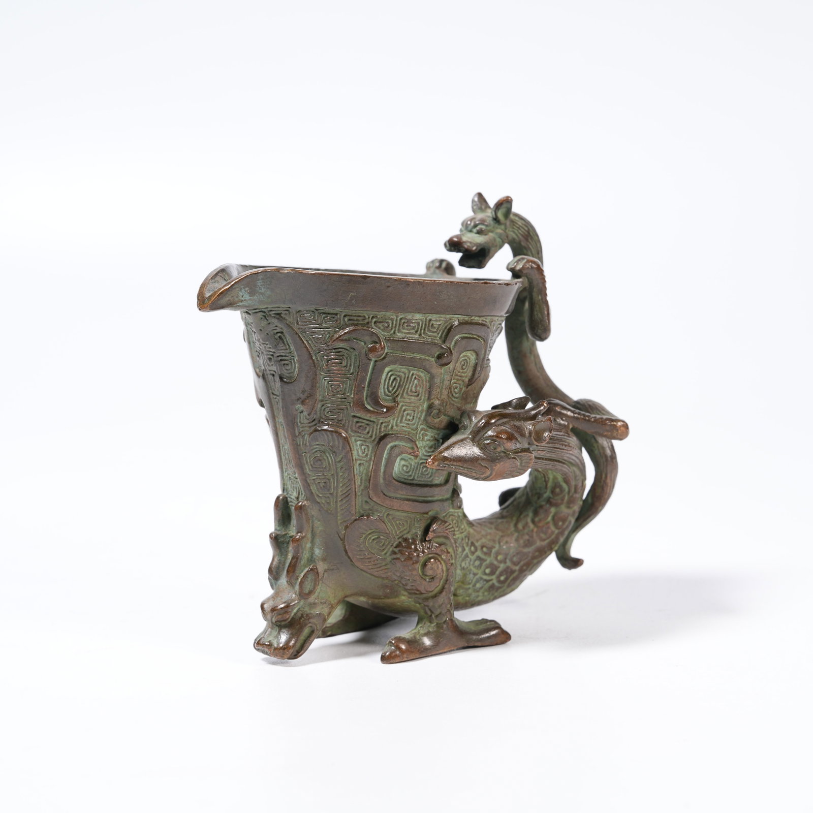 A BRONZE HORN CUP WITH CHILONG PATTERNS (1 of 9)
