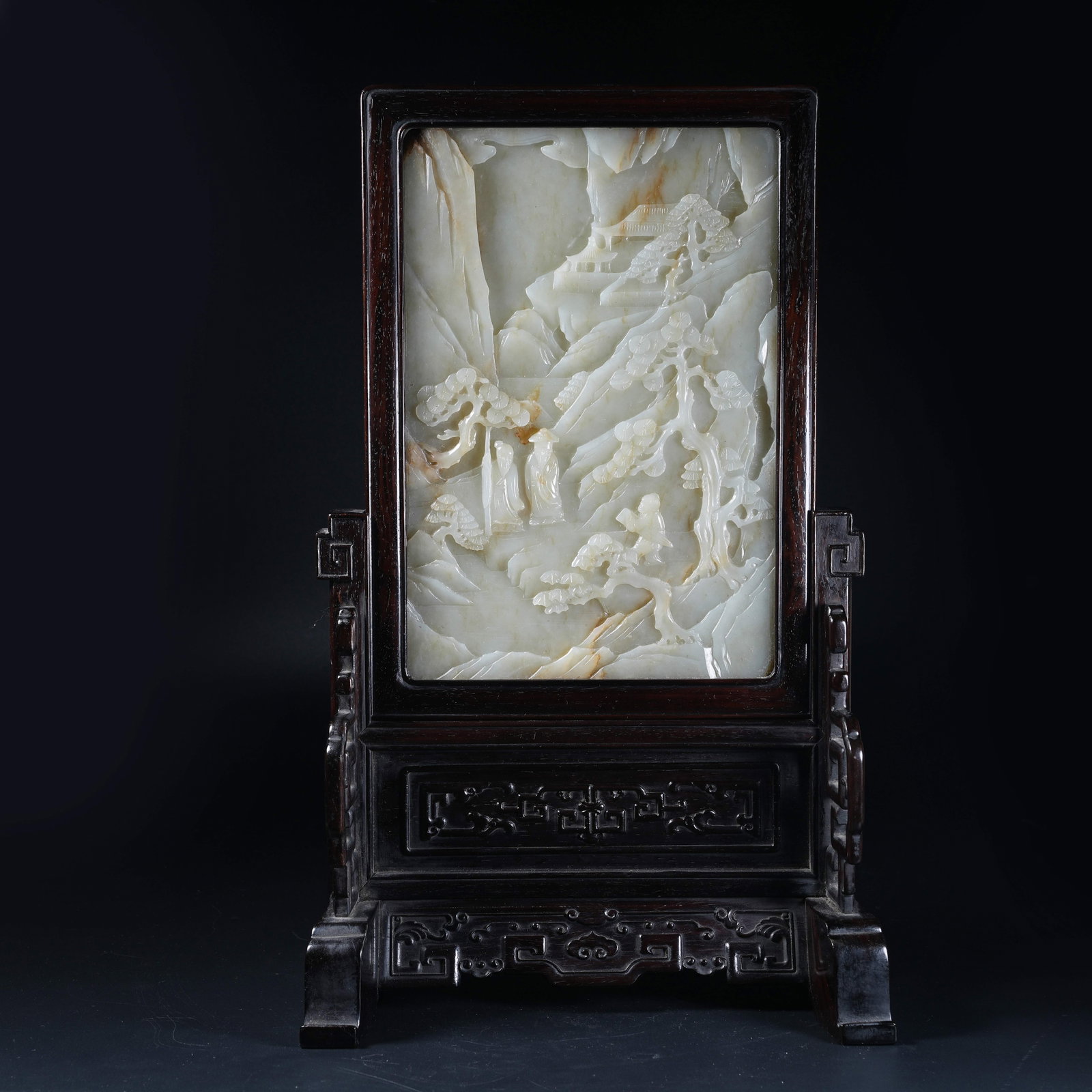 A RED SANDALWOOD TABLE SCREEN INLAID WITH HETIAN JADE CARVED WITH PINE AND SCHOLAR SCENE (1 of 10)