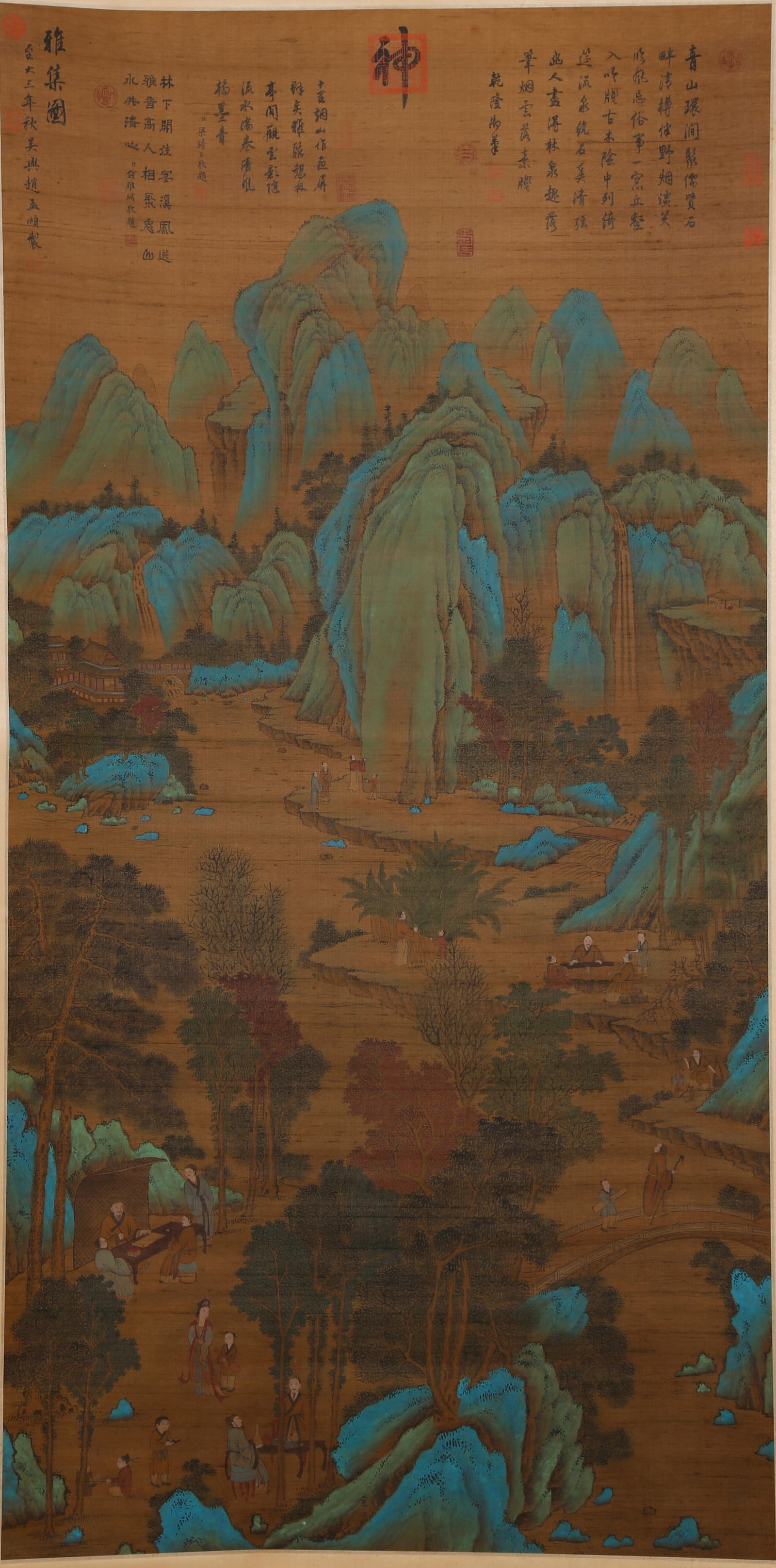 A LANDSCAPE PAINTING ON SILK BY ZHAO MENGFU.趙孟頫: Landscape Painting on Silk by Zhao Mengfu.趙孟頫