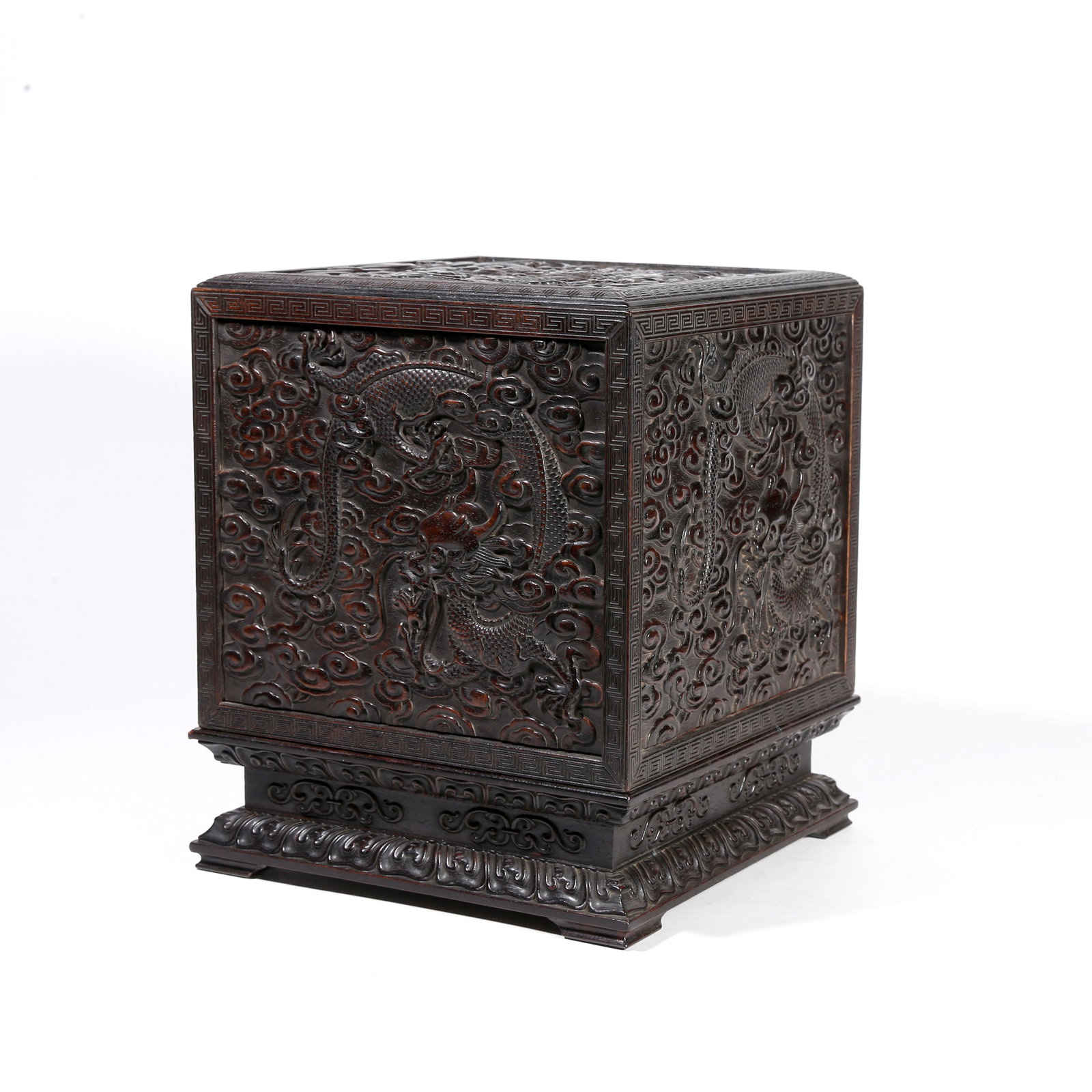 A RED SANDALWOOD SEAL BOX CARVED WITH CLOUD AND DRAGON PATTERN: Red Sandalwood Seal Box Carved with Cloud and Dragon Pattern
