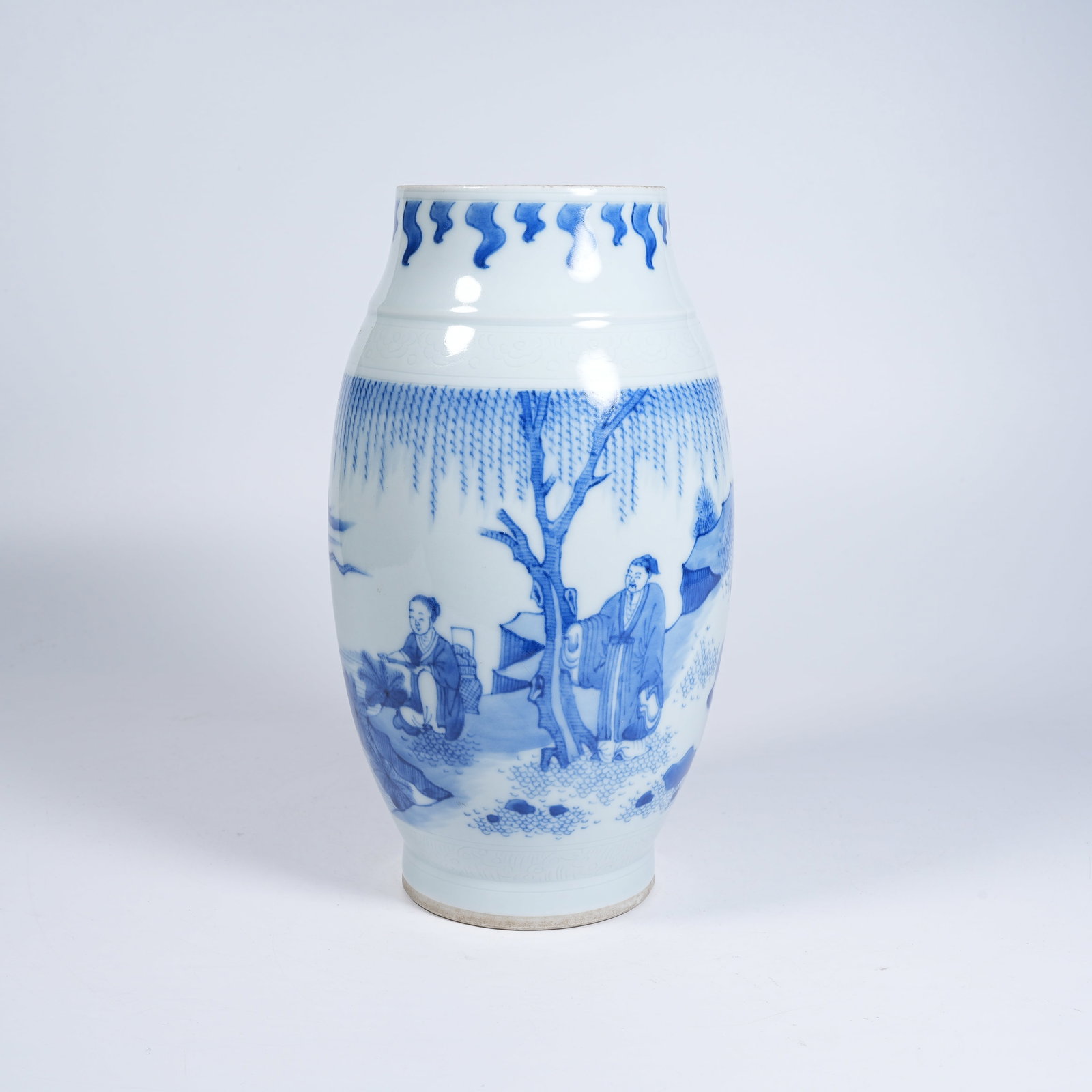 A LOTUS SEED JAR WITH BLUE AND WHITE SCHOLAR MOTIF (1 of 9)