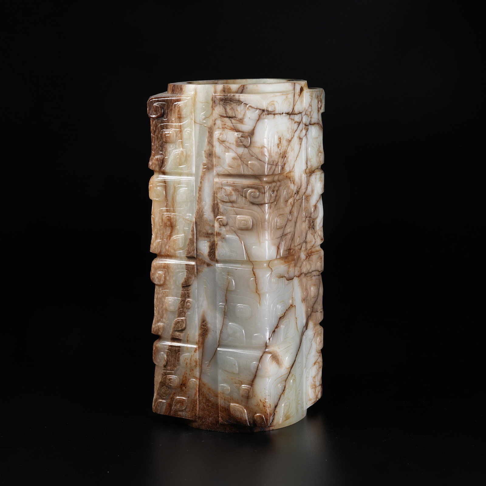 A ANCIENT JADE CONG WITH DIVINE MASKS AND INSCRIPTIONS (1 of 9)