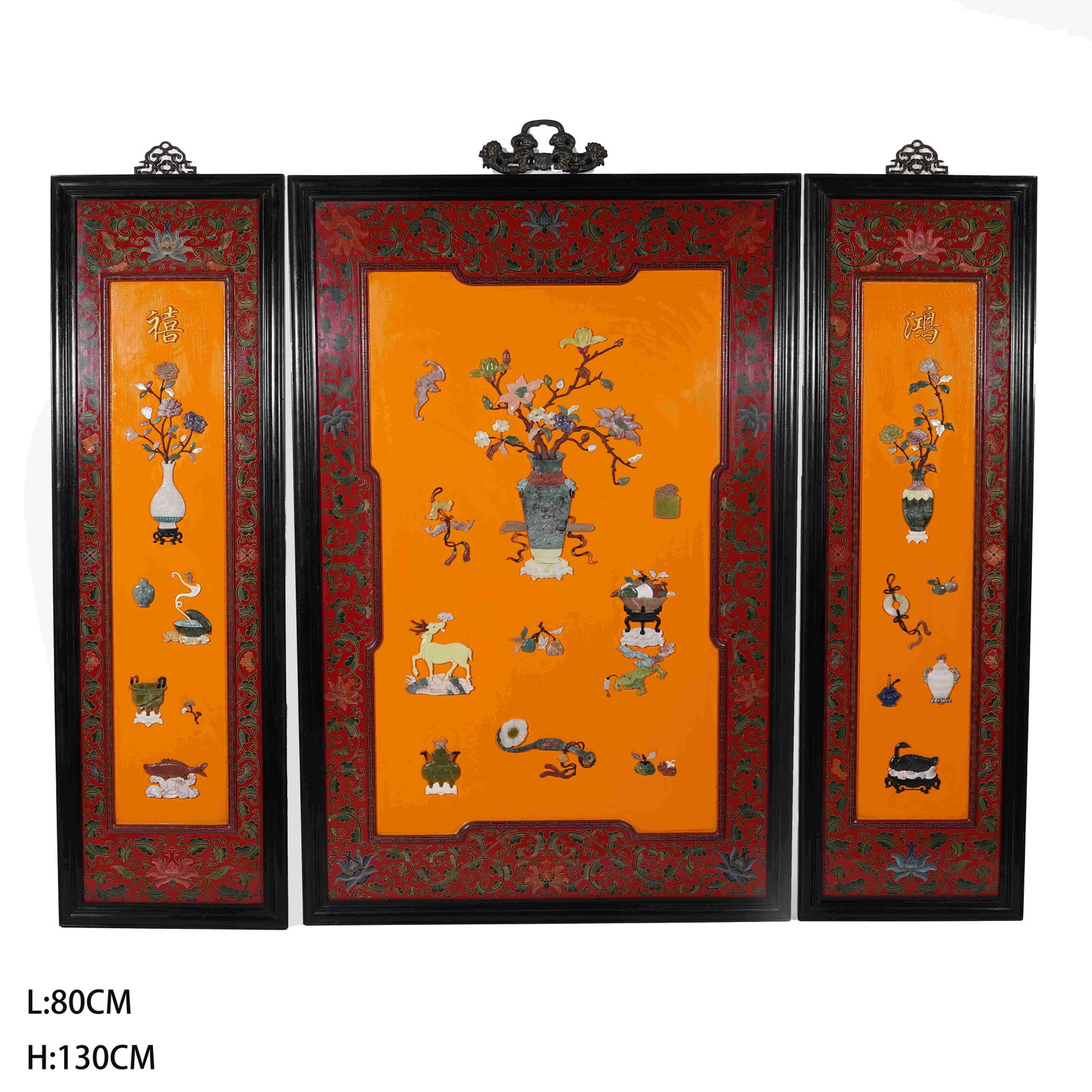 A SET OF THREE RED SANDALWOOD HANGING SCREENS WITH AUSPICIOUS BLESSING MOTIFS AND PRECIOUS STONE: Set of Three Red Sandalwood Hanging Screens with Auspicious Blessing Motifs and Precious Stone Inlay