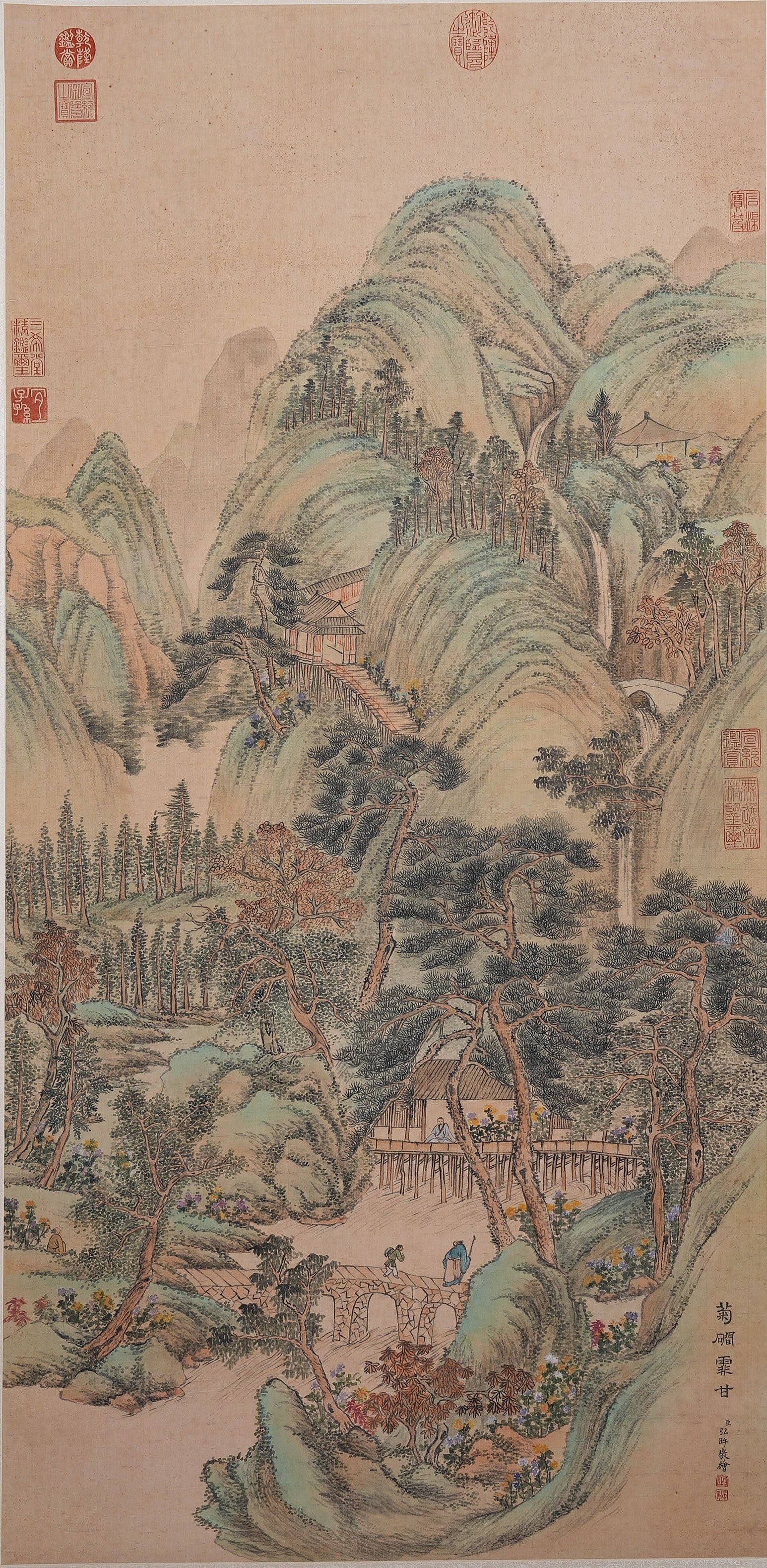 A LANDSCAPE AND PAVILION PAINTING ON SILK BY HONG WU.弘旿 (1 of 10)